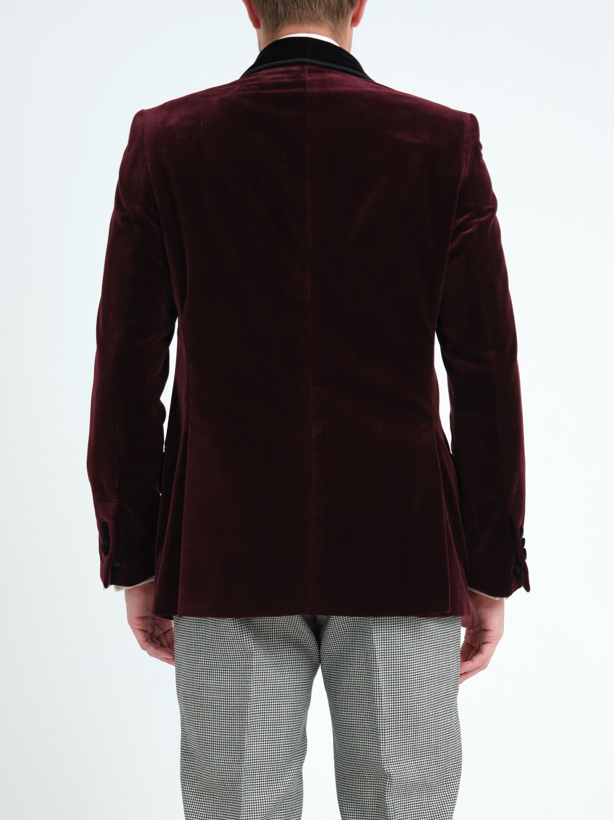 Burgundy Mayfair Velvet Single Breasted Smoking Jacket — back, cropped