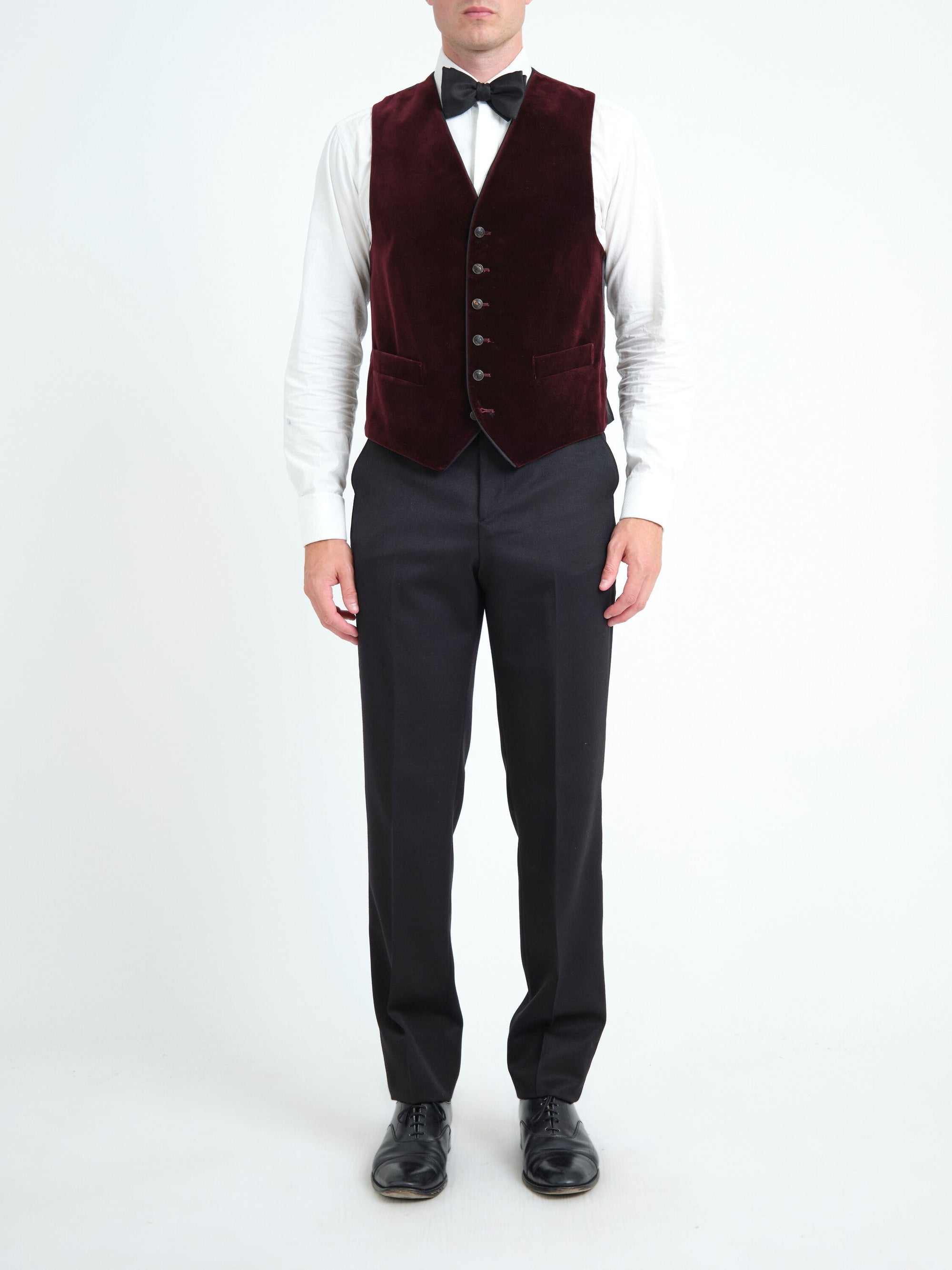 Burgundy Mayfair Velvet Single Breasted Waistcoat with Piping — front