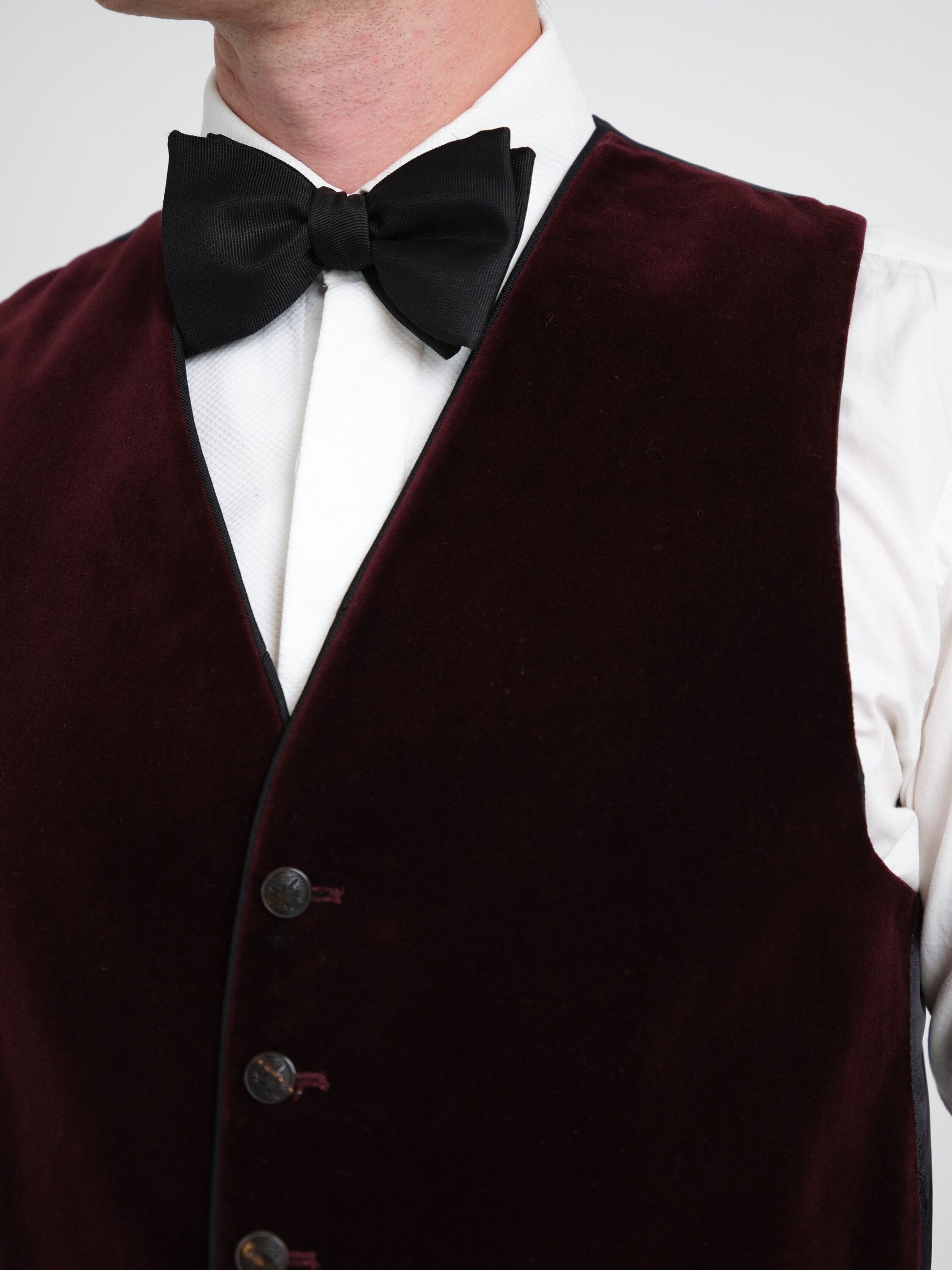 Burgundy Mayfair Velvet Single Breasted Waistcoat with Piping — fabric detail