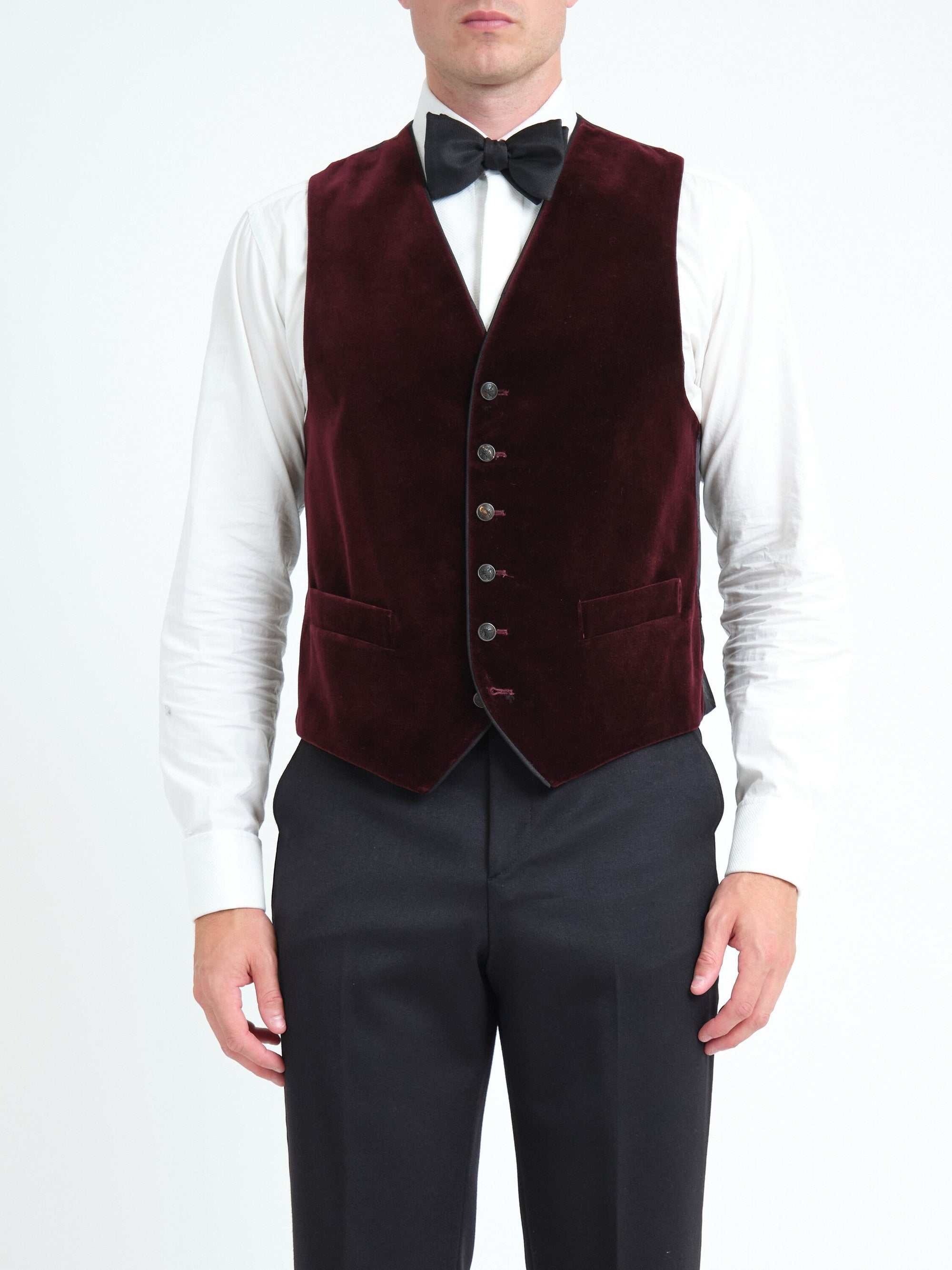 Burgundy Mayfair Velvet Single Breasted Waistcoat with Piping — front, cropped