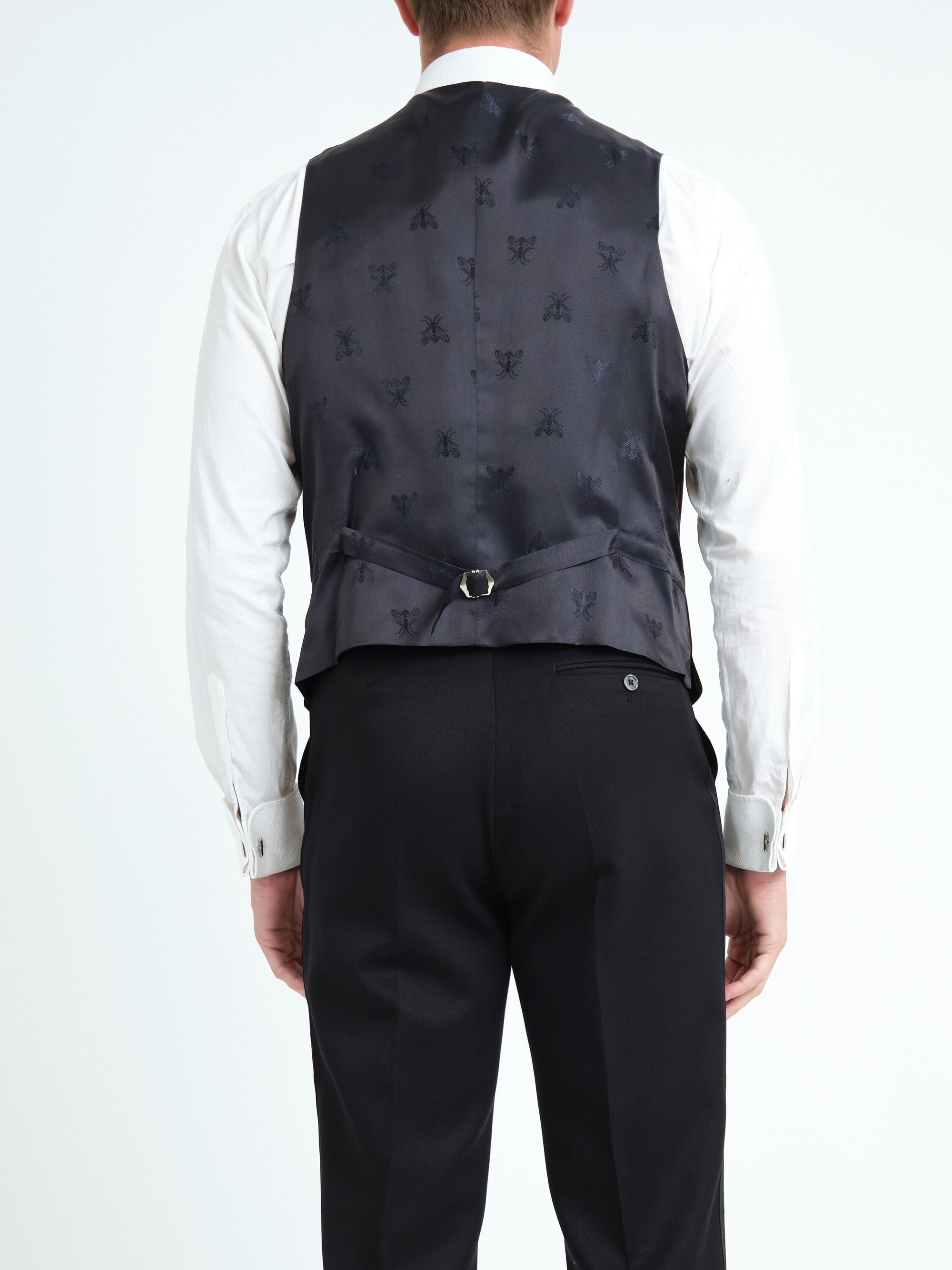 Burgundy Mayfair Velvet Single Breasted Waistcoat with Piping — back, cropped