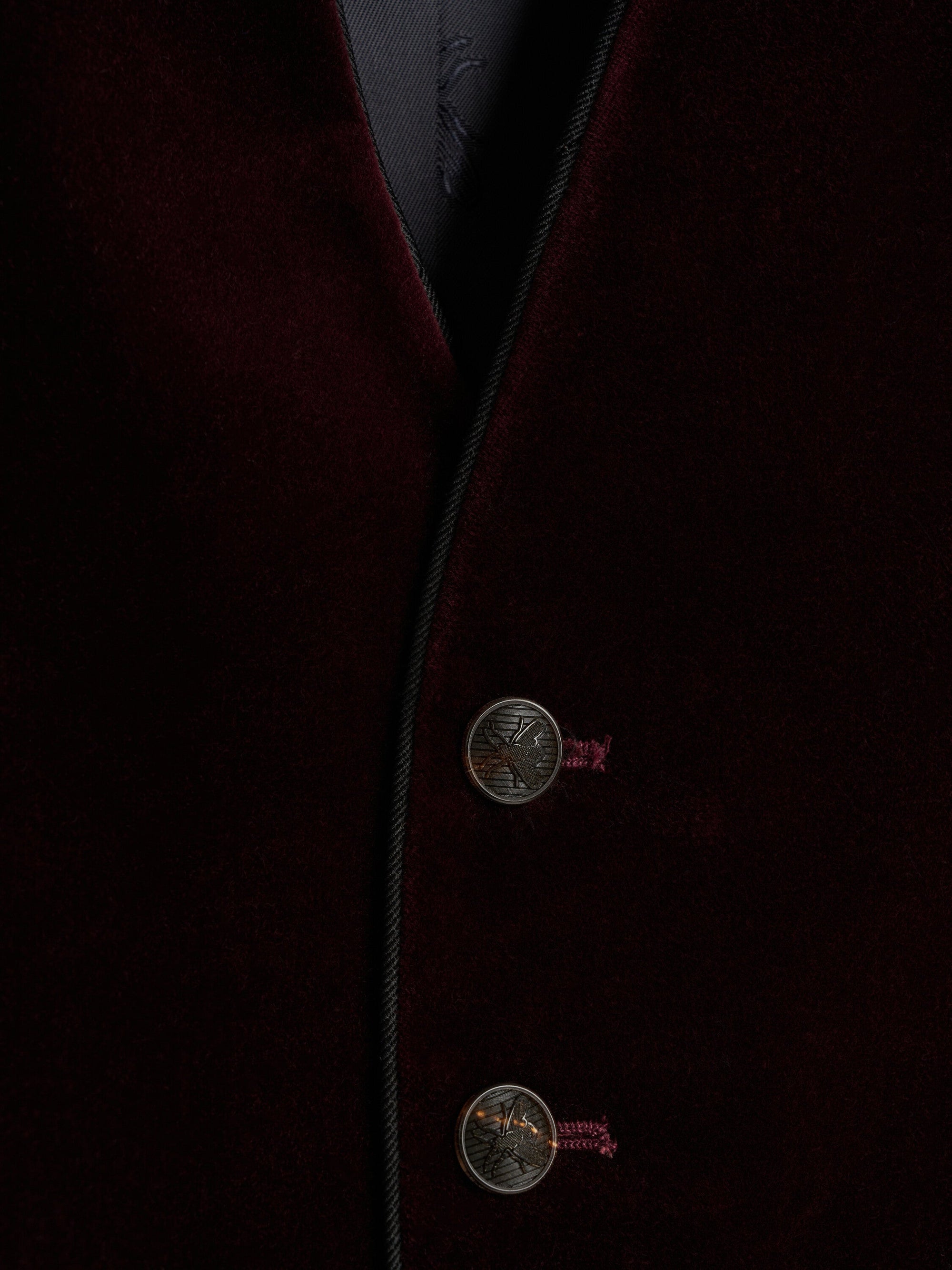 Burgundy Mayfair Velvet Single Breasted Waistcoat with Piping — flat detail
