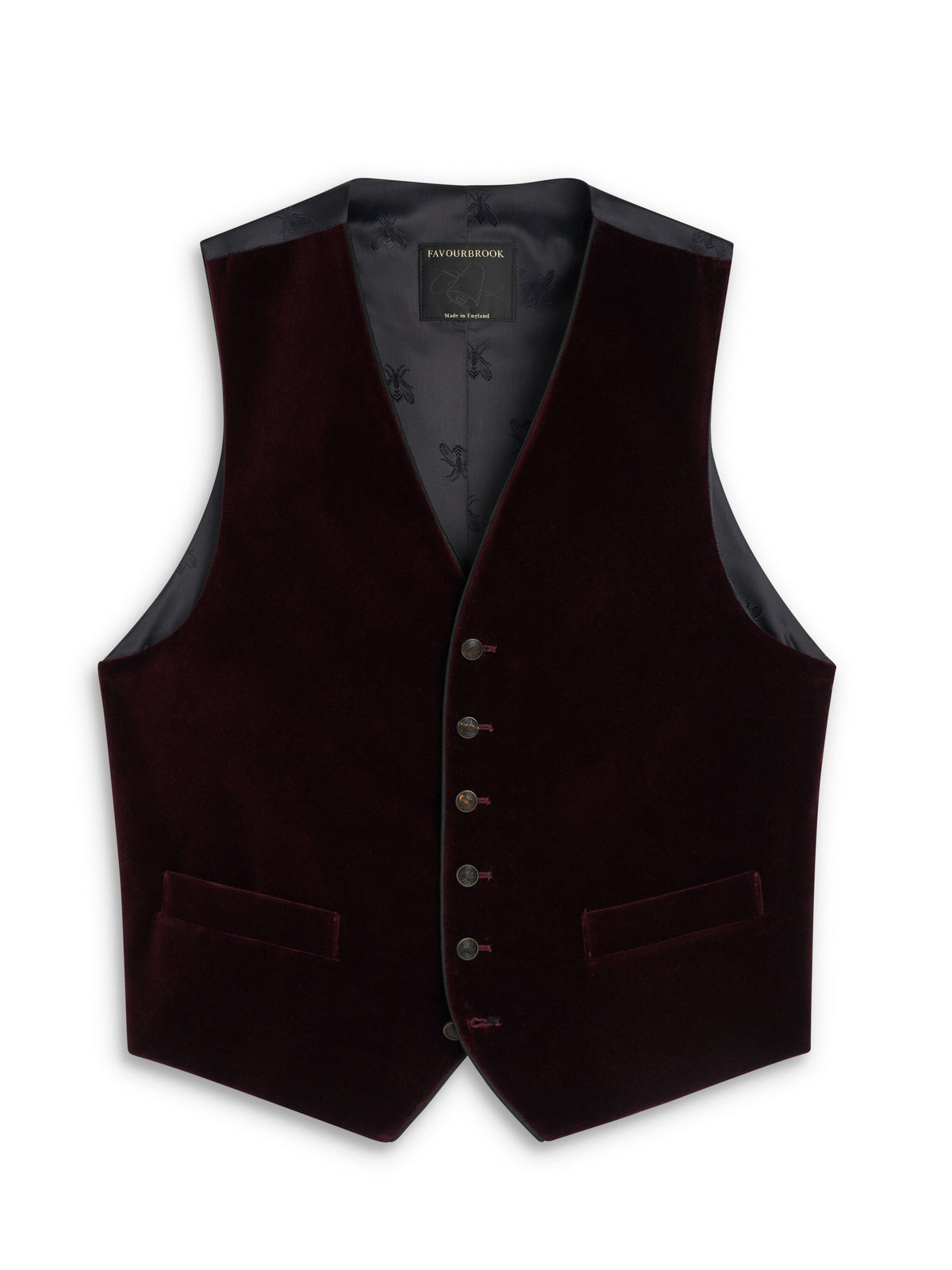 Burgundy Mayfair Velvet Single Breasted Waistcoat with Piping — flat