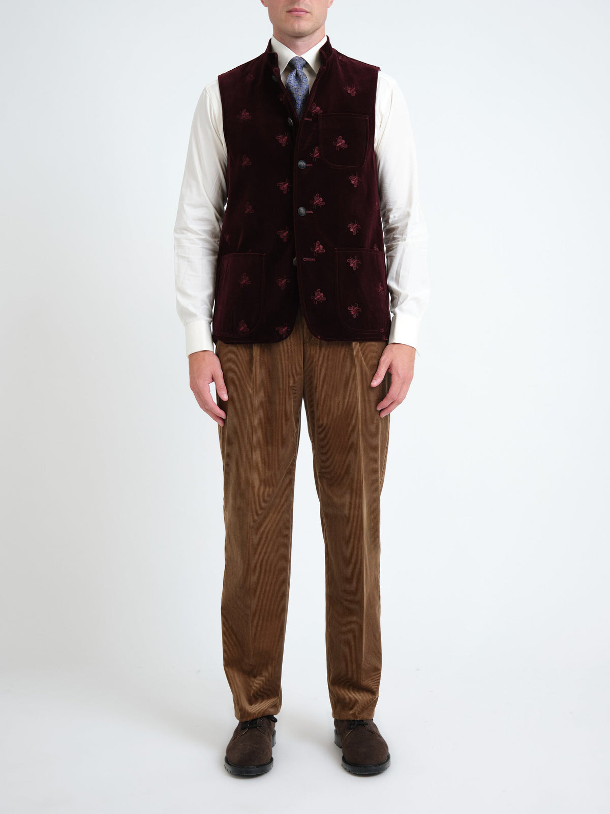 Burgundy Velvet Bees Wiltshire Gilet — front