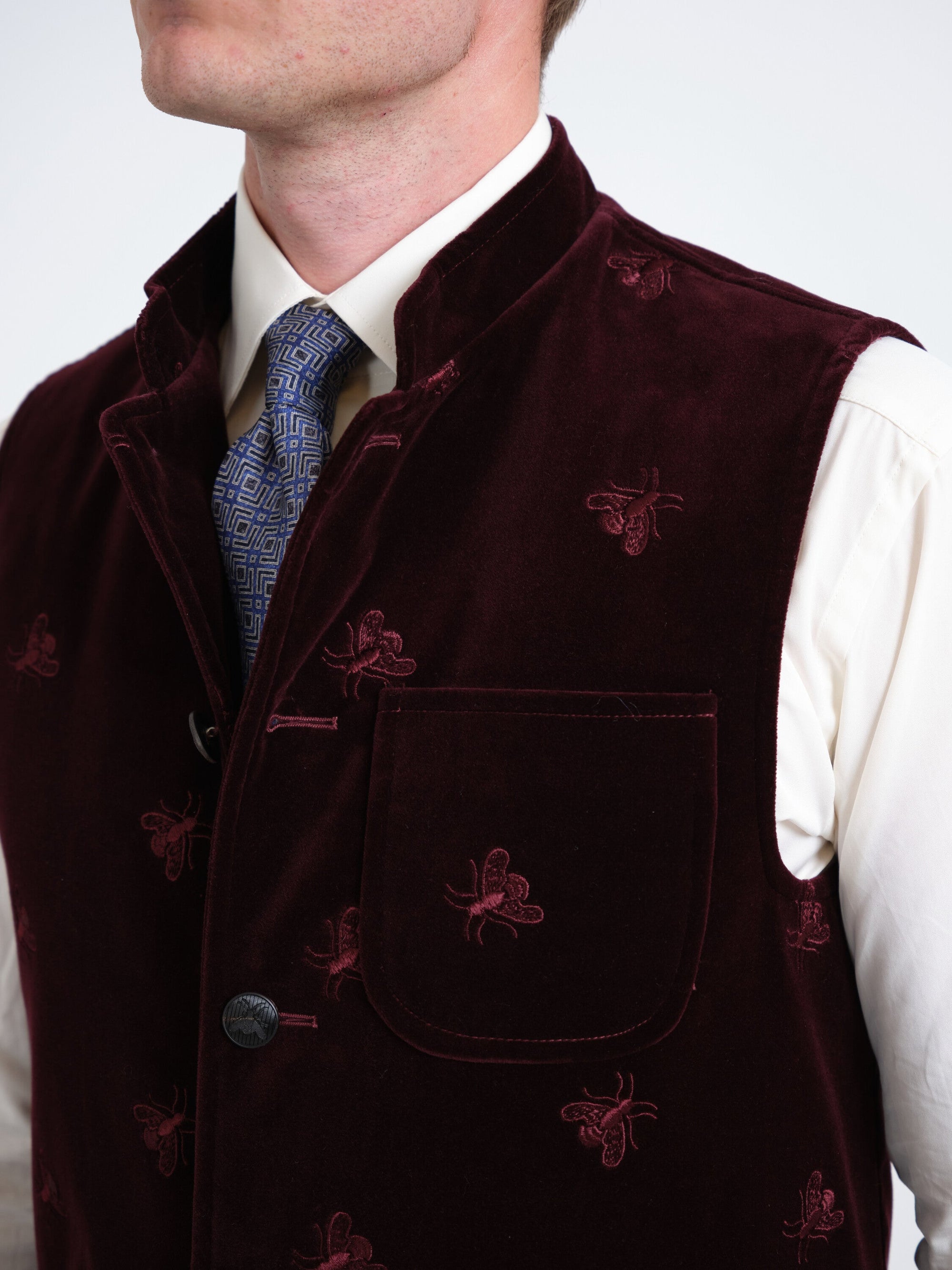 Burgundy Velvet Bees Wiltshire Gilet — fabric detail