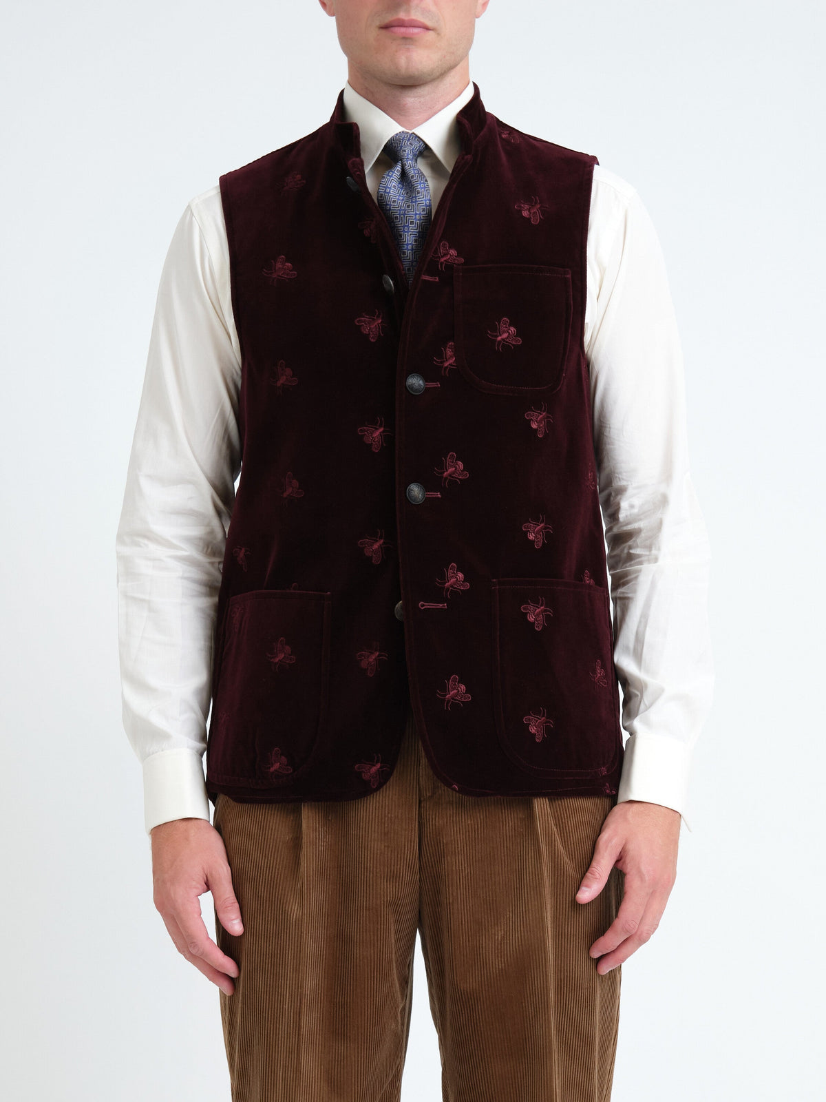 Burgundy Velvet Bees Wiltshire Gilet — front, cropped