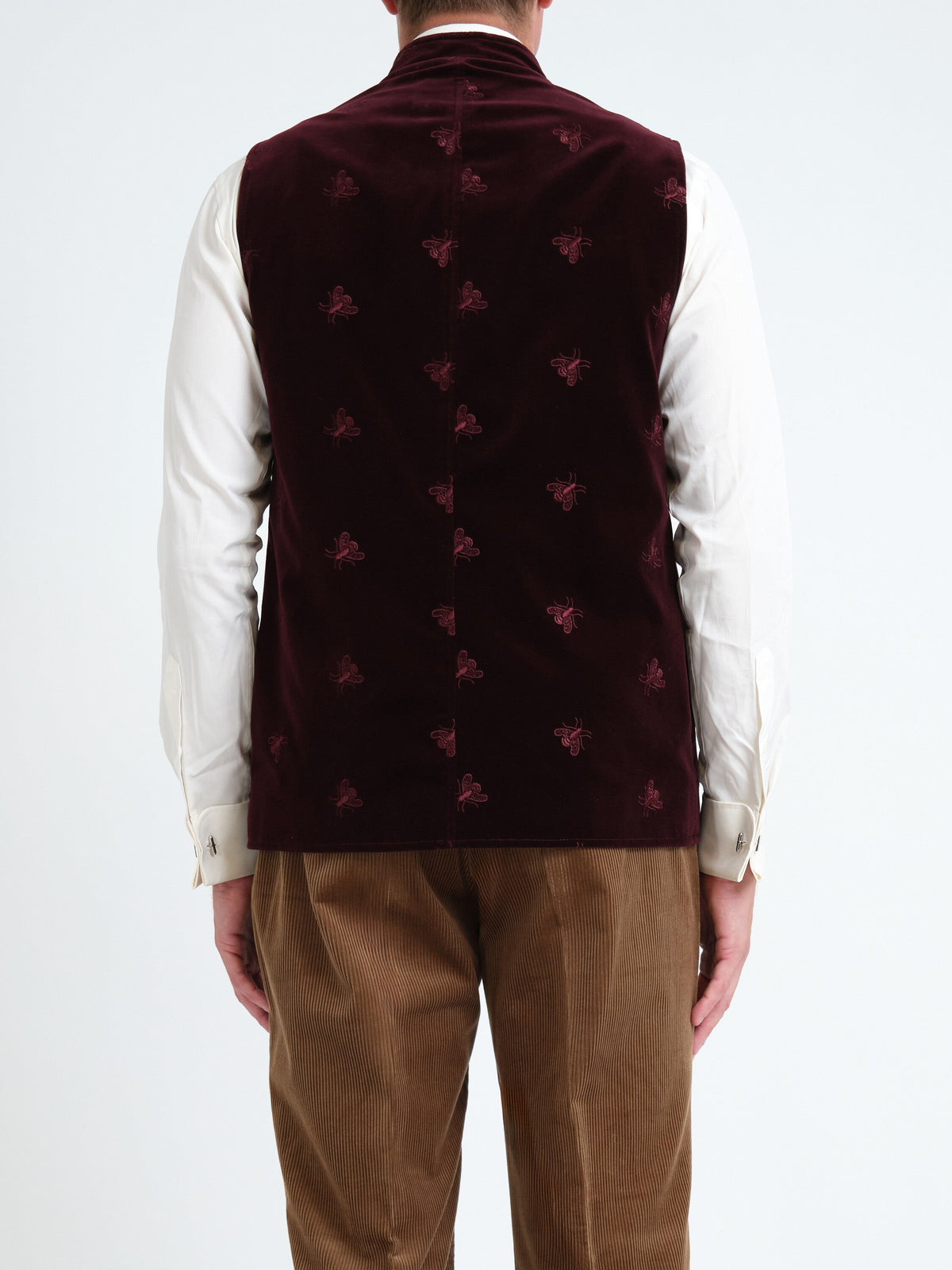 Burgundy Velvet Bees Wiltshire Gilet — back, cropped