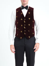 Burgundy velvet single-breasted waistcoat with gold embroidered bees — front, cropped
