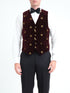 Burgundy velvet single-breasted waistcoat with gold embroidered bees — front, cropped