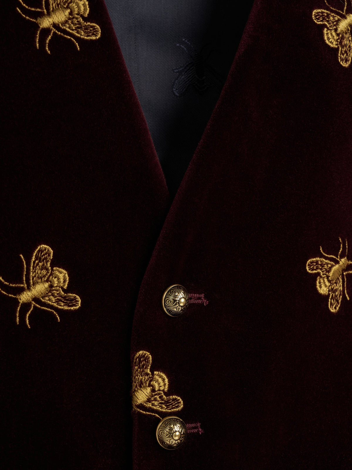 Burgundy Velvet Gold Bees Single Breasted Waistcoat — flat detail