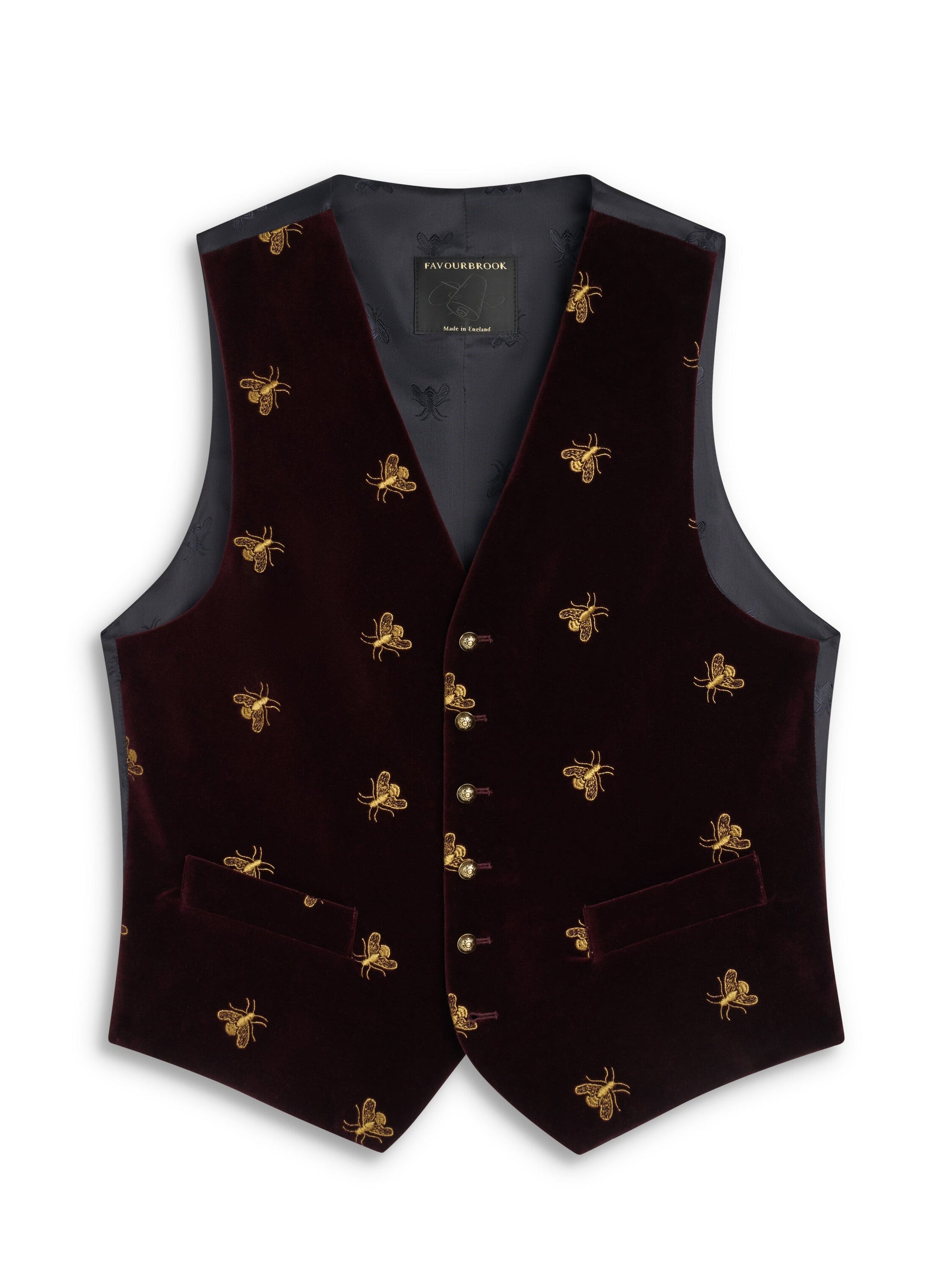Burgundy Velvet Gold Bees Single Breasted Waistcoat — flat