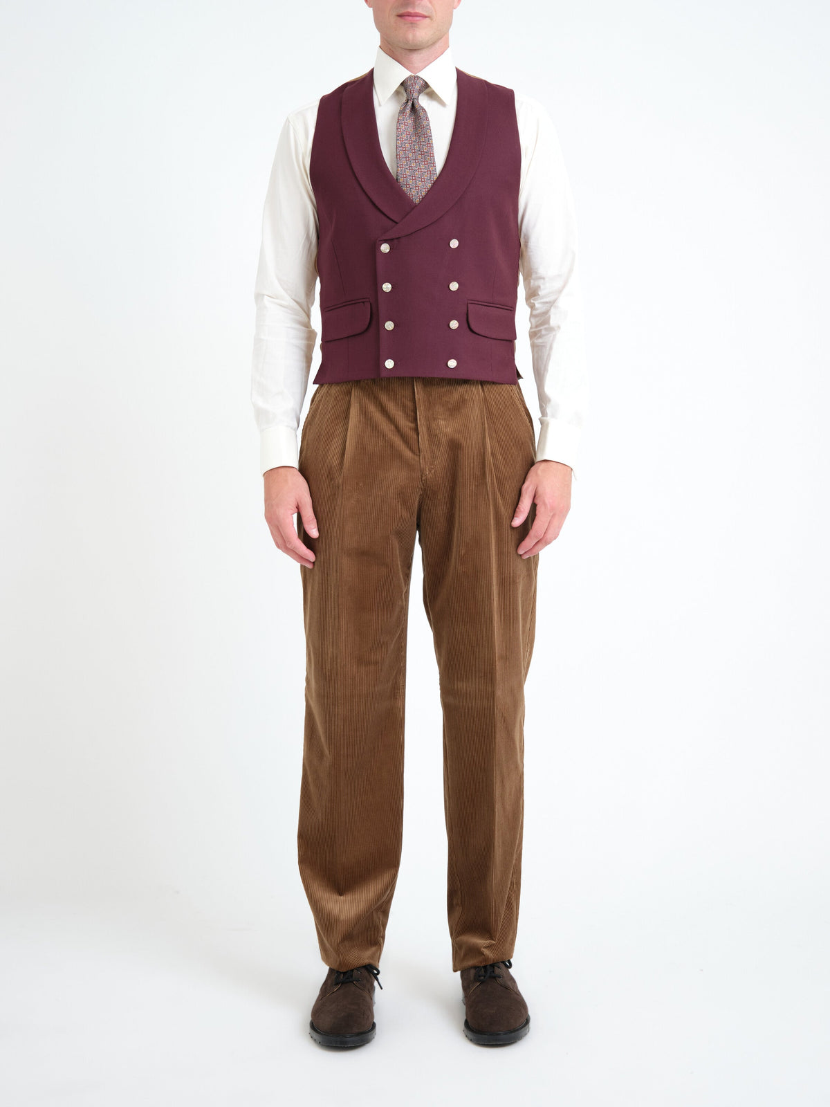 Claret Gabardine Double Breasted Waistcoat — front