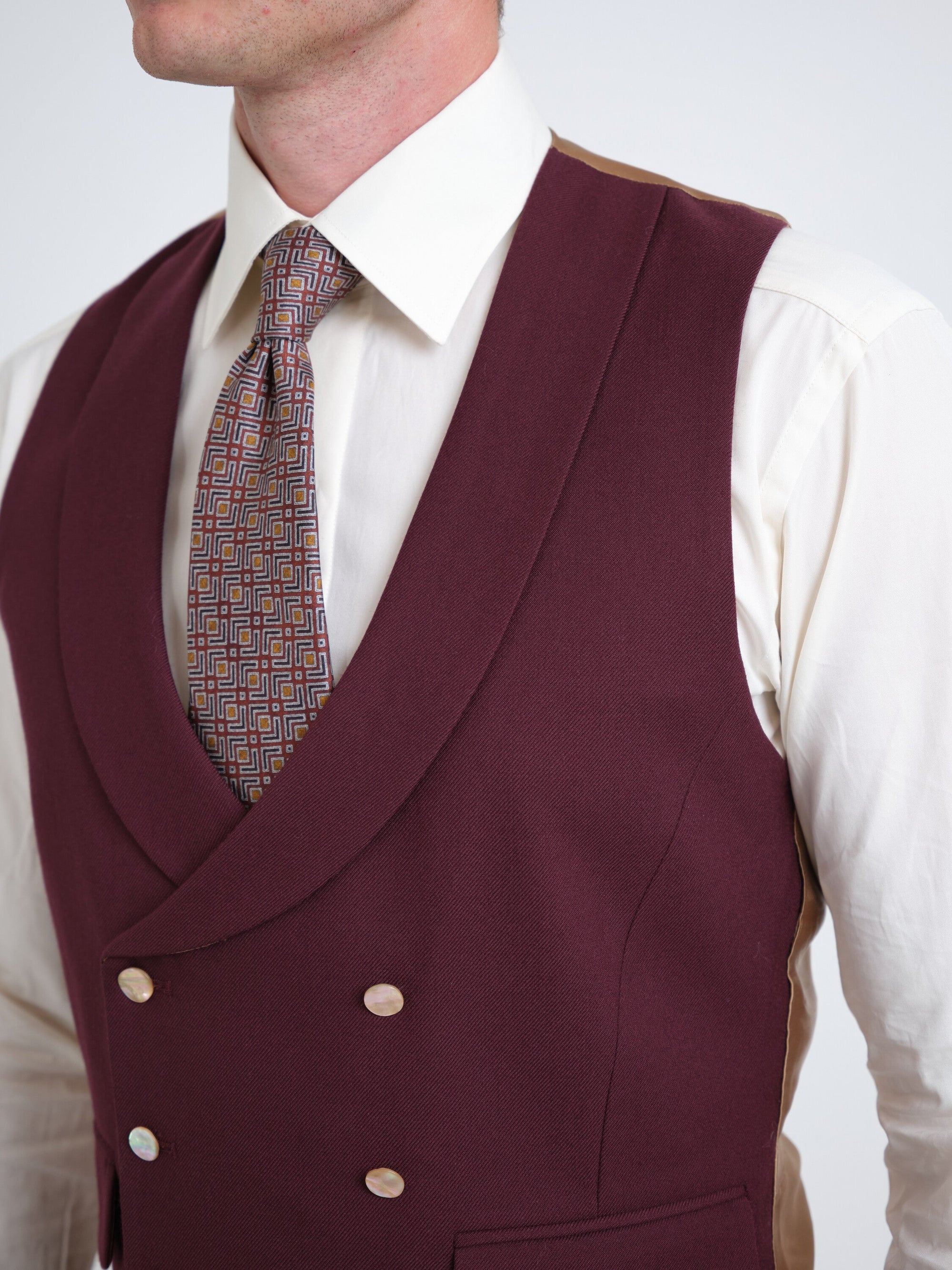 Claret Gabardine Double Breasted Waistcoat — fabric detail