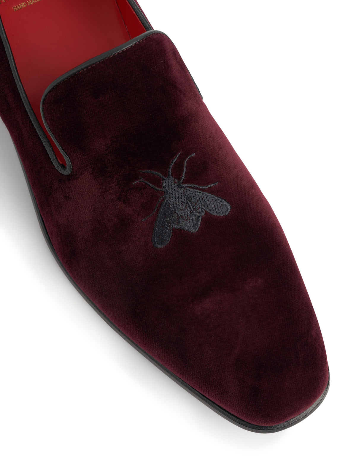 Burgundy with Black Bee Embroidered Velvet & Leather Slippers, embroidery detail