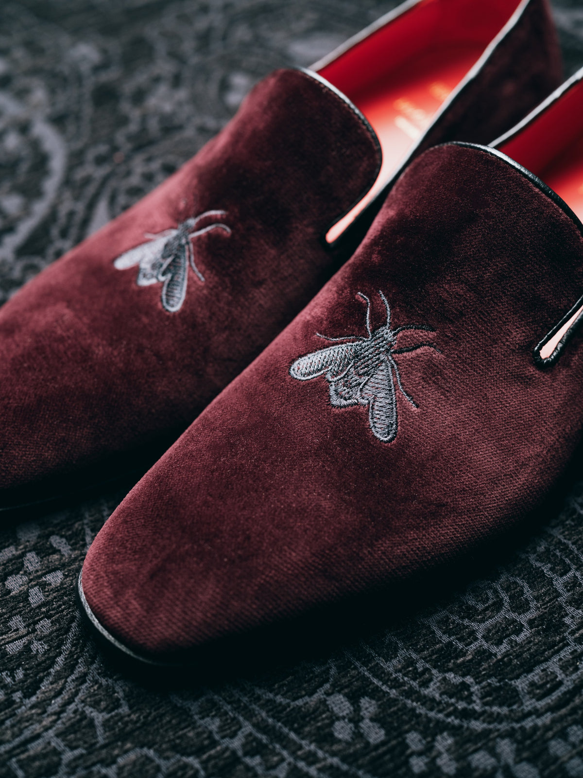 Burgundy with Black Bee Embroidered Velvet &amp; Leather Slippers, bee embroidery