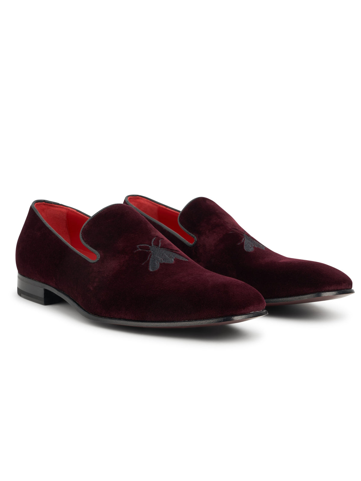 Burgundy with Black Bee Embroidered Velvet & Leather Slippers, front view