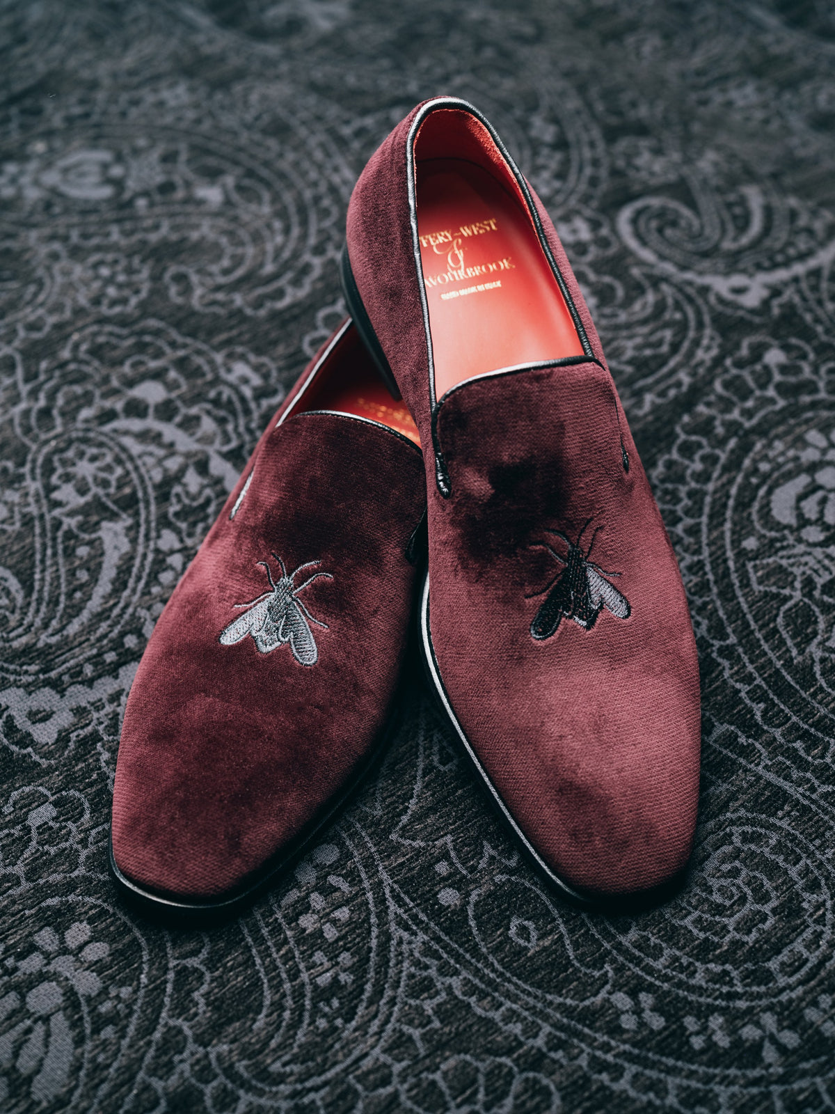 Burgundy with Black Bee Embroidered Velvet & Leather Slippers, pair