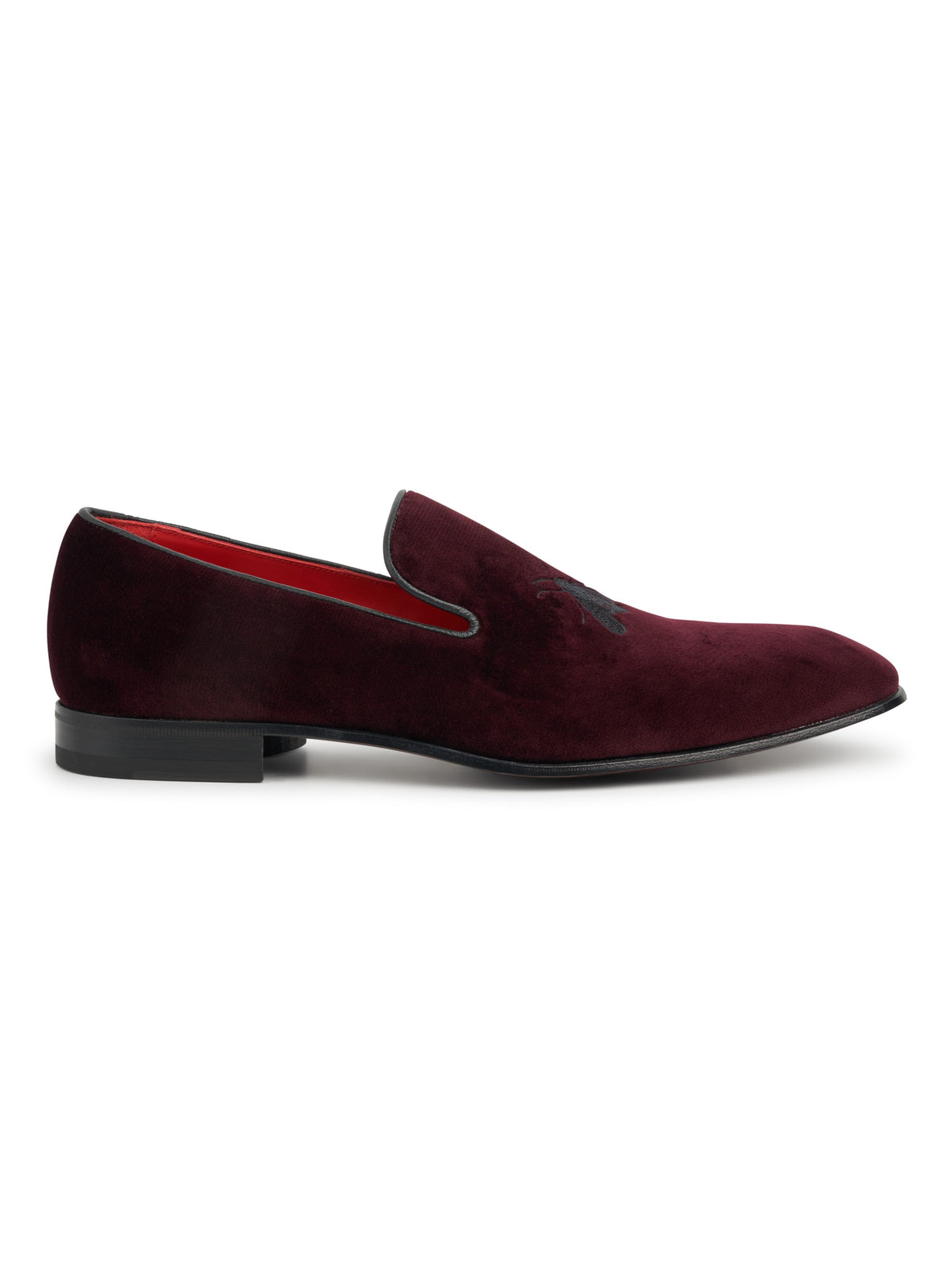 Burgundy with Black Bee Embroidered Velvet & Leather Slippers, side view