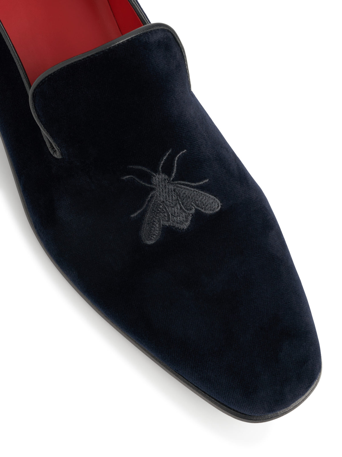 Navy with Black Bee Embroidered Velvet & Leather Slippers, embroidery detail