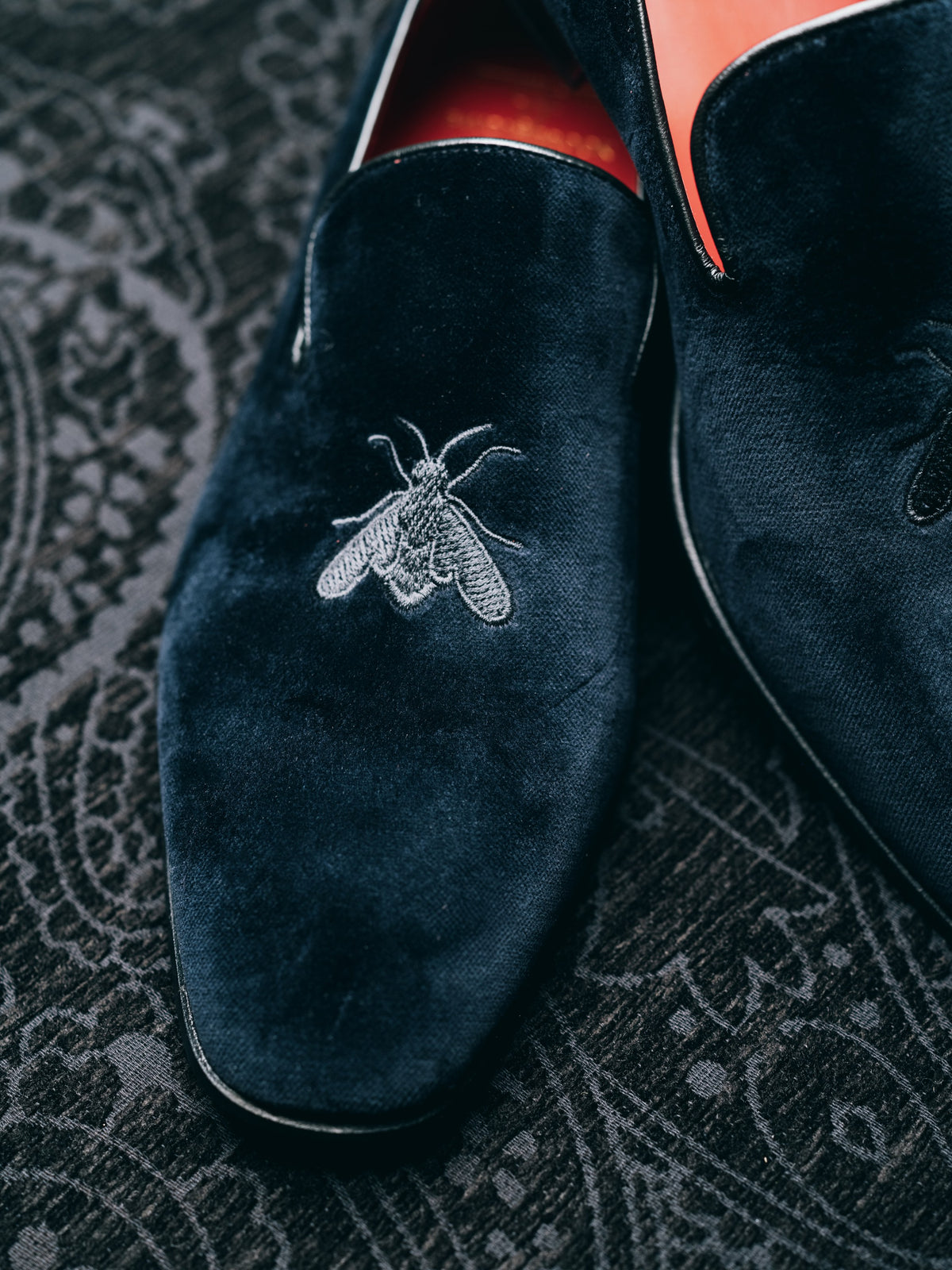 Navy with Black Bee Embroidered Velvet & Leather Slippers, bee embroidery