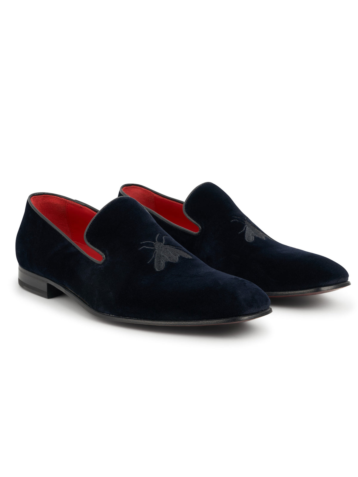 Navy with Black Bee Embroidered Velvet & Leather Slippers, front view