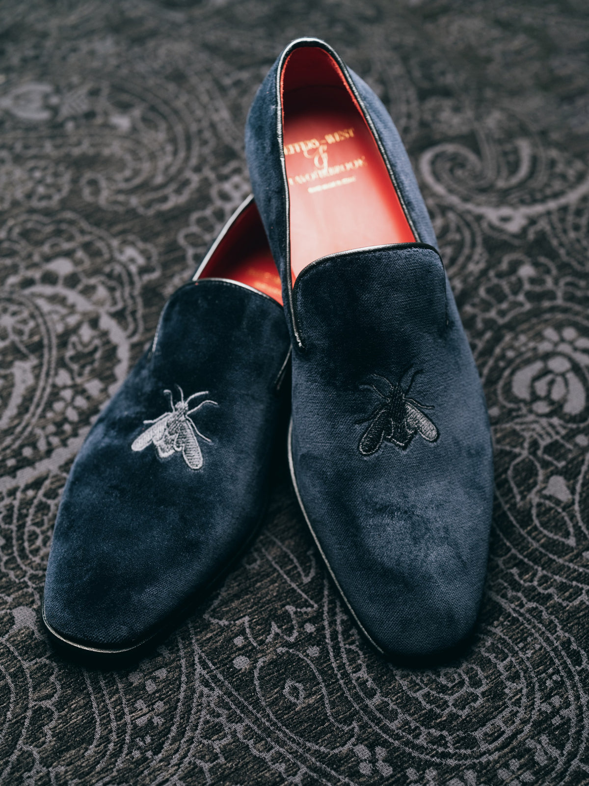 Navy with Black Bee Embroidered Velvet & Leather Slippers, pair