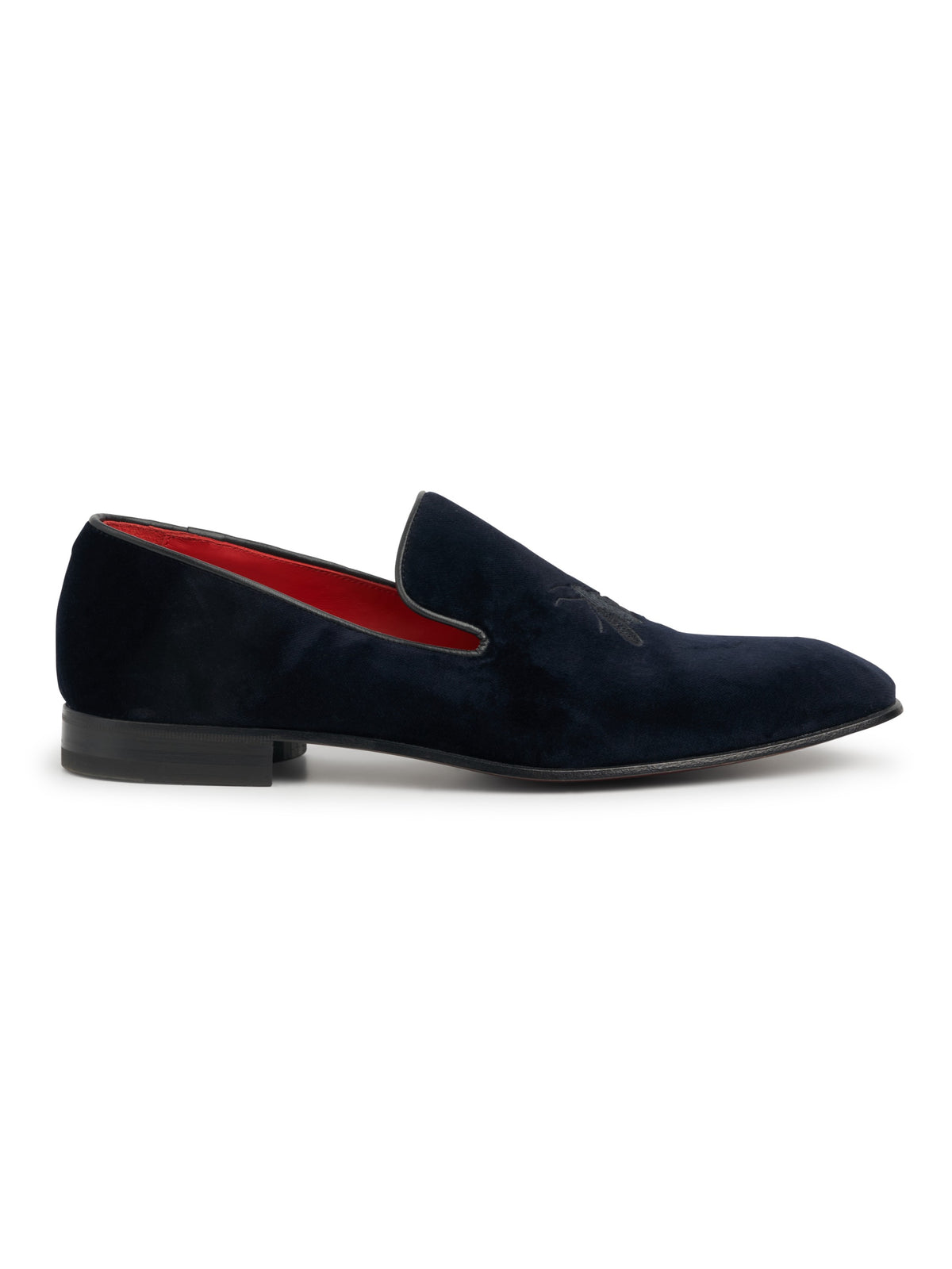 Navy with Black Bee Embroidered Velvet & Leather Slippers, side view