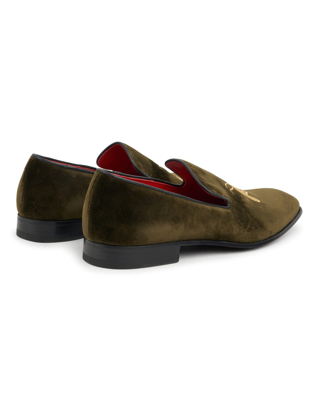 Olive with Gold Bee Embroidered Velvet & Leather Slippers, back view