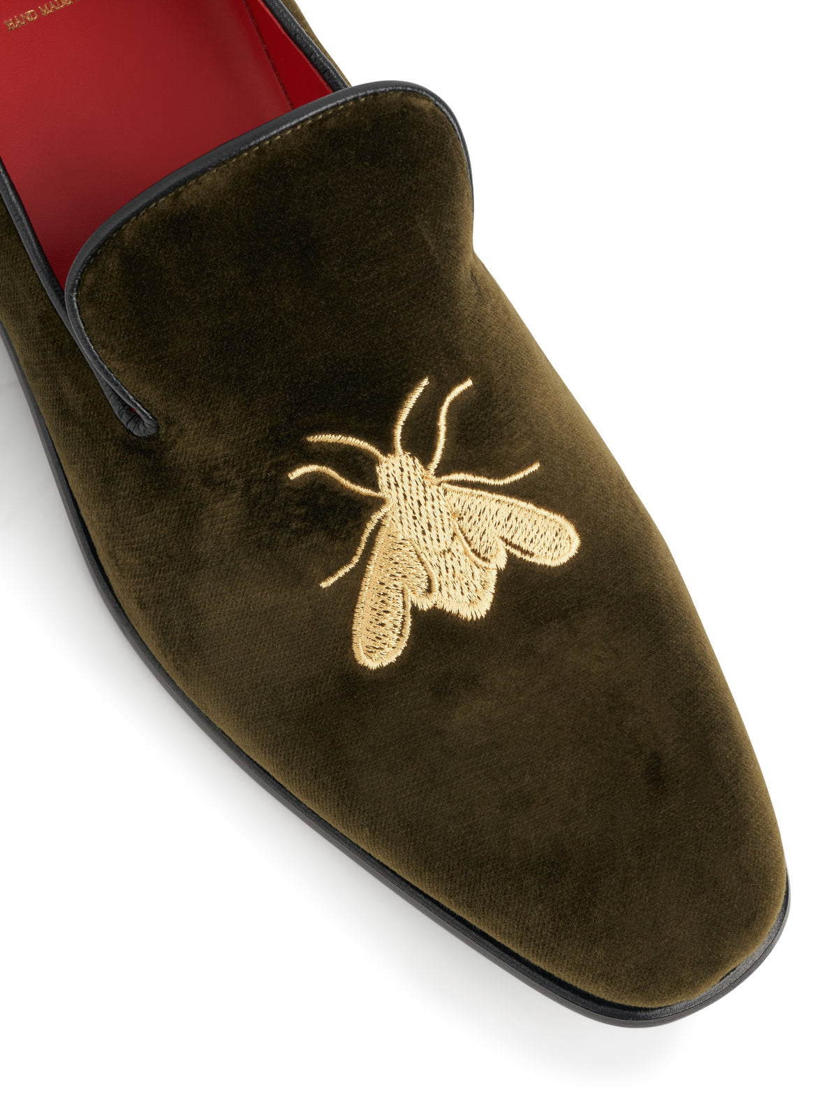 Olive with Gold Bee Embroidered Velvet & Leather Slippers, embroidery detail