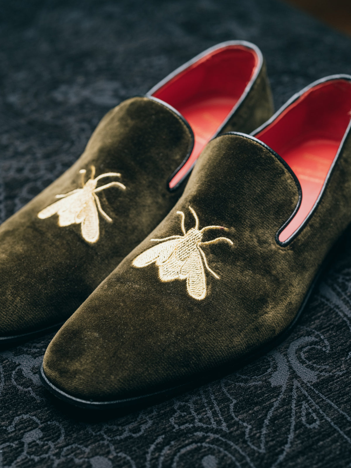 Olive with Gold Bee Embroidered Velvet &amp; Leather Slippers, gold bee embroidery
