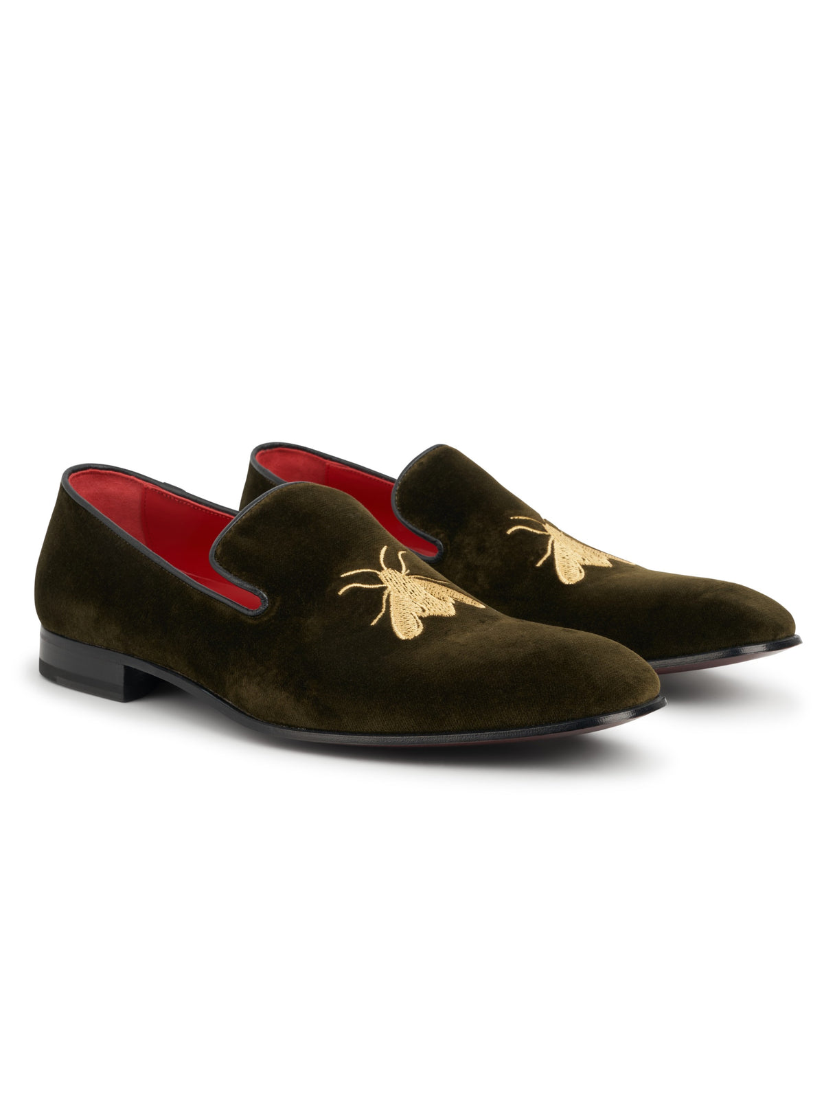 Olive with Gold Bee Embroidered Velvet & Leather Slippers, front view