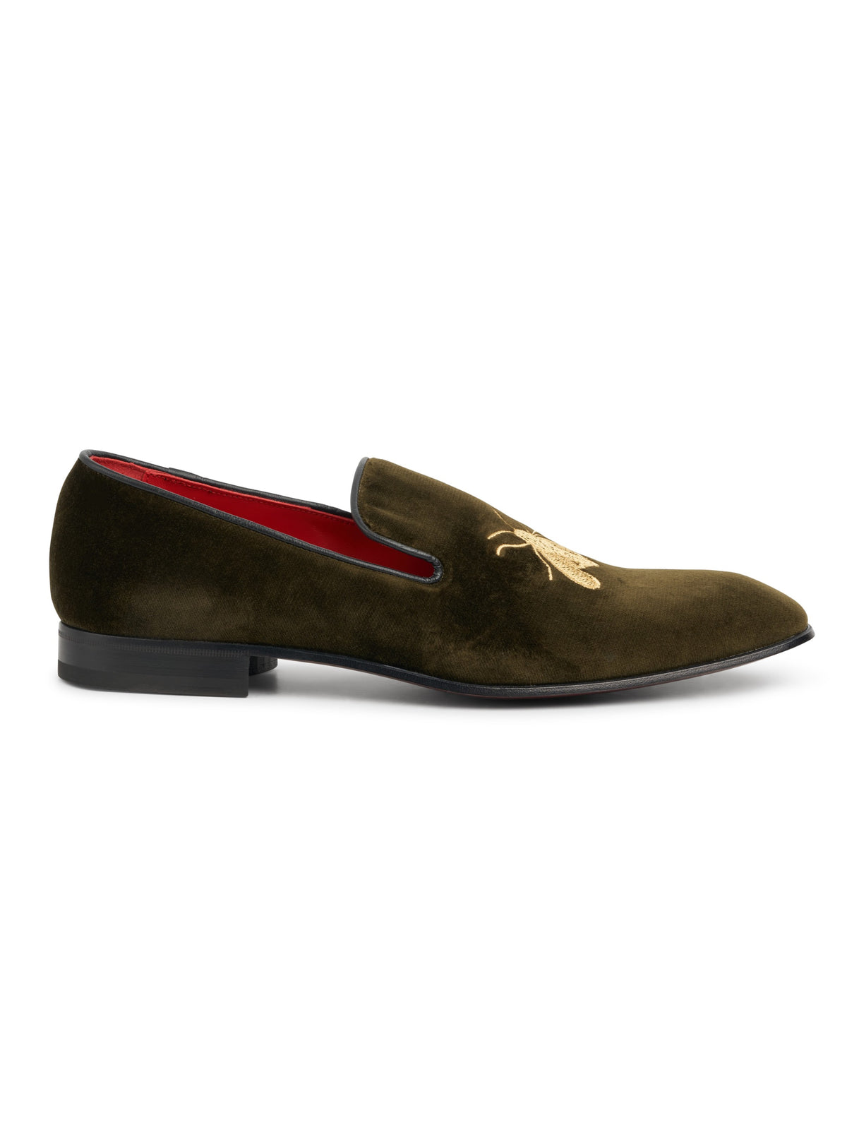 Olive with Gold Bee Embroidered Velvet & Leather Slippers, side view