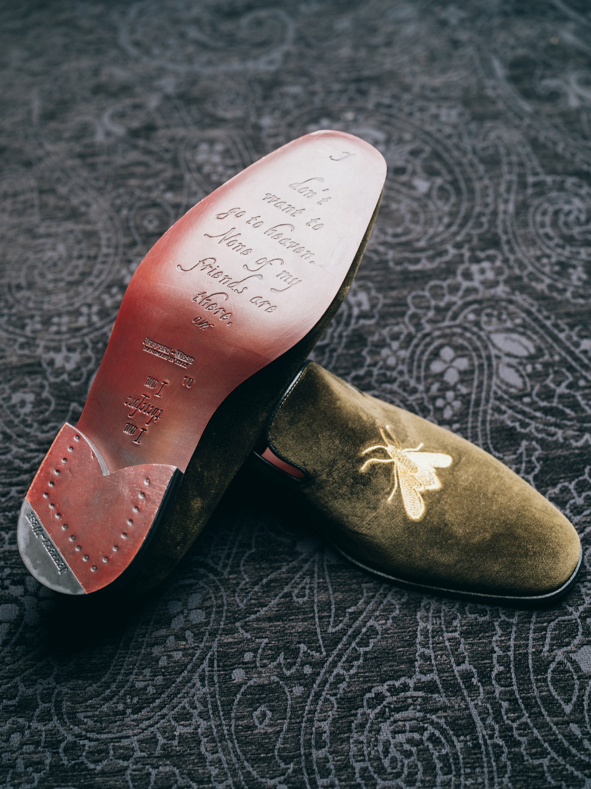 Olive with Gold Bee Embroidered Velvet &amp; Leather Slippers, leather sole with Oscar Wilde quotation