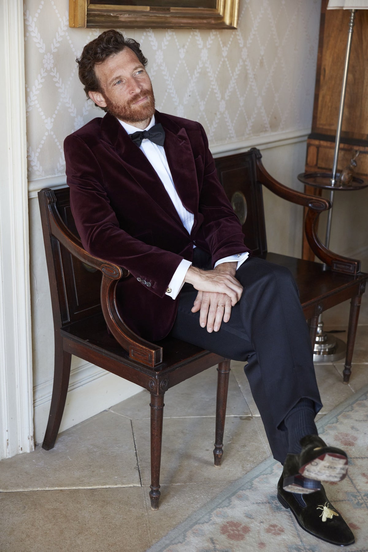 Olive with Gold Bee Embroidered Velvet & Leather Slippers, worn with a velvet dinner jacket