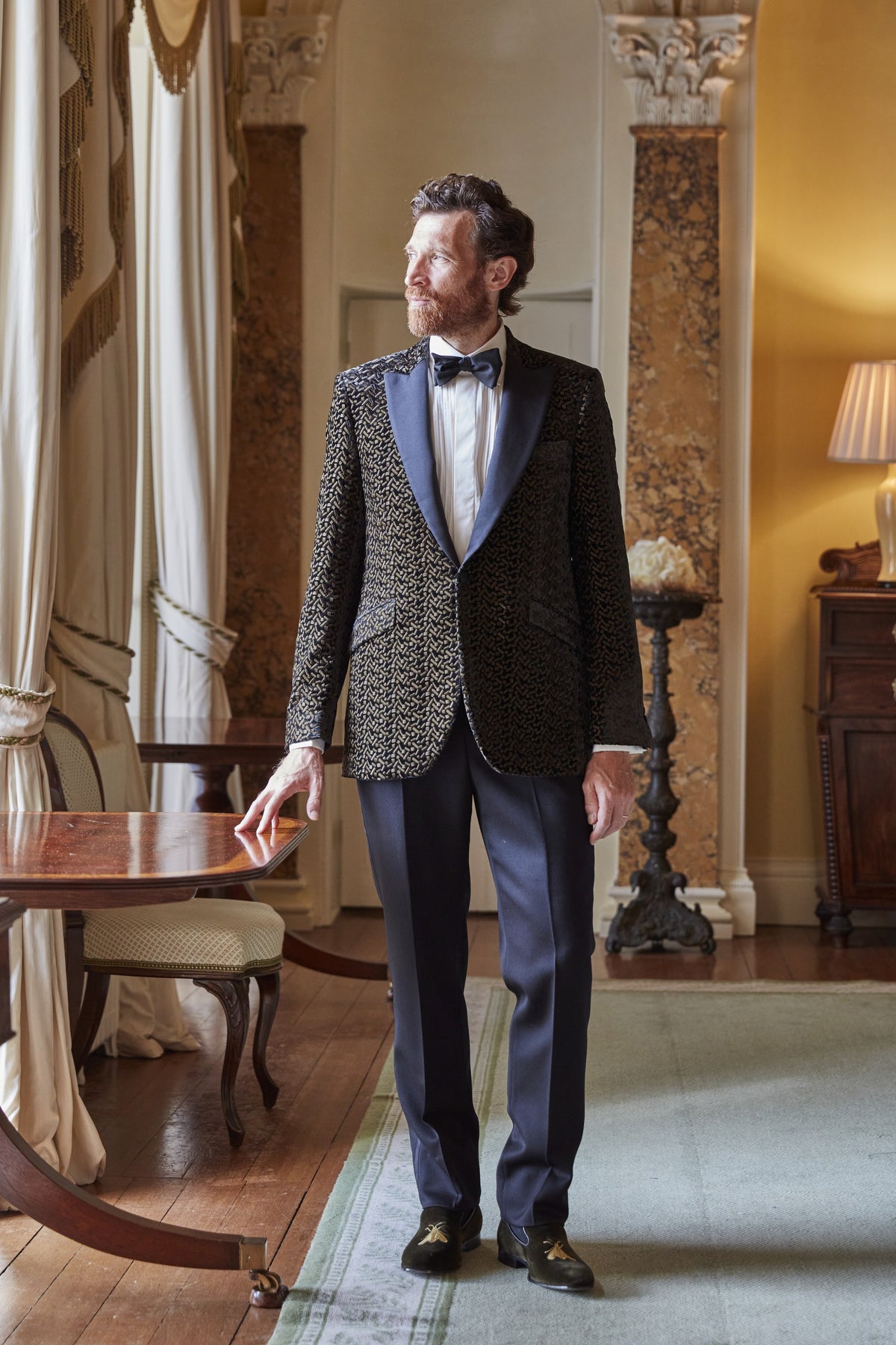 Olive with Gold Bee Embroidered Velvet & Leather Slippers, worn with evening tailoring