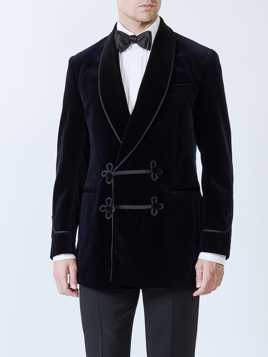 Navy Velvet Double Breasted<br>Smoking Jacket