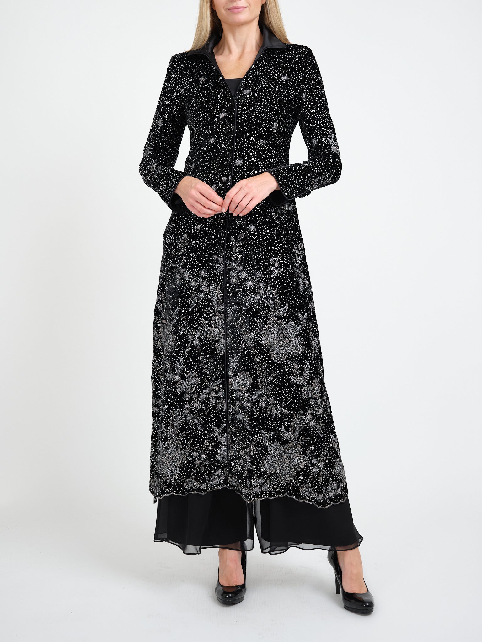 Long Swing Coat Black Buckingham Silk Velvet