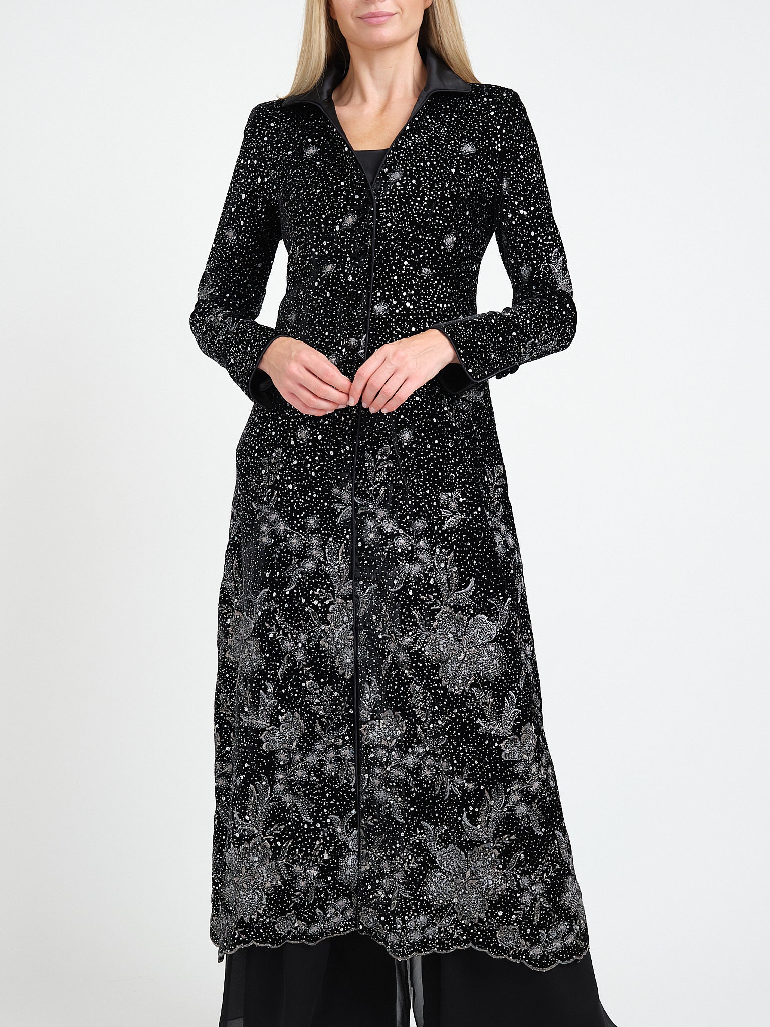 Long Swing Coat Black Buckingham Silk Velvet