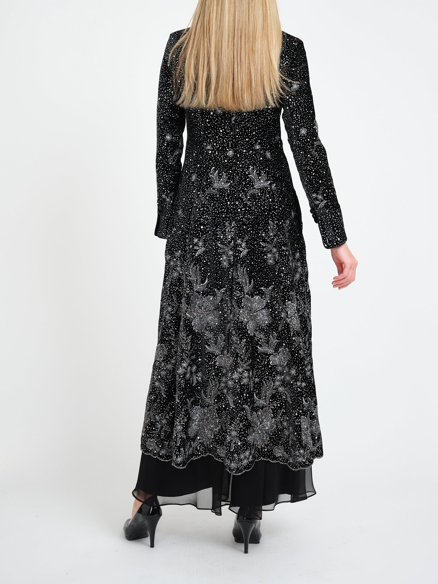 Long Swing Coat Black Buckingham Silk Velvet