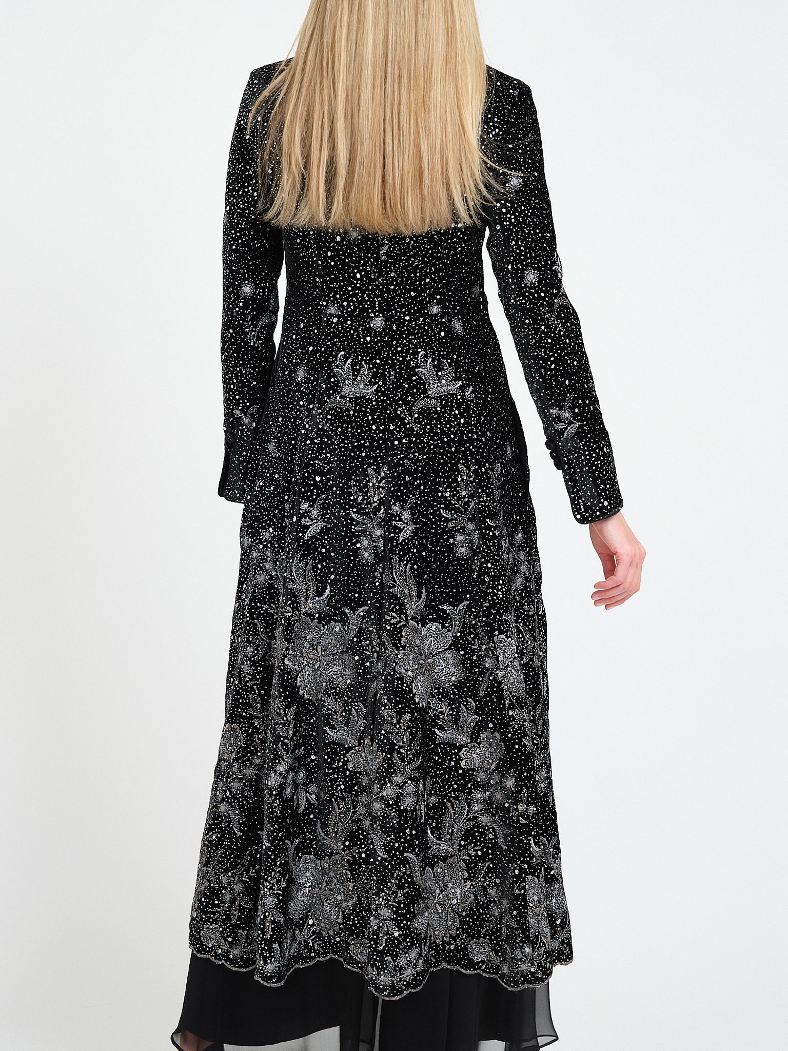 Long Swing Coat Black Buckingham Silk Velvet