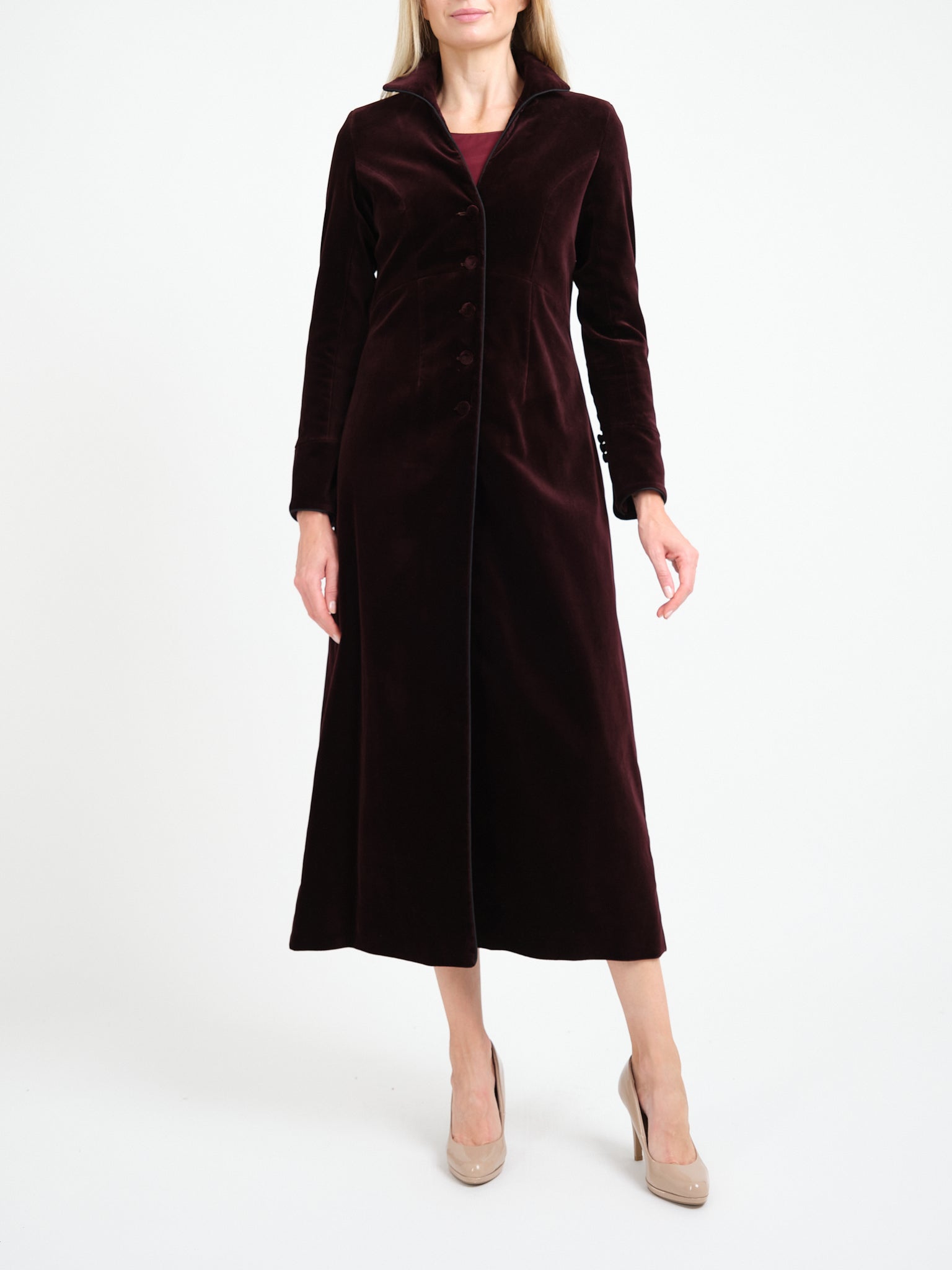 Long Swing Coat Claret Plain Cotton Velvet