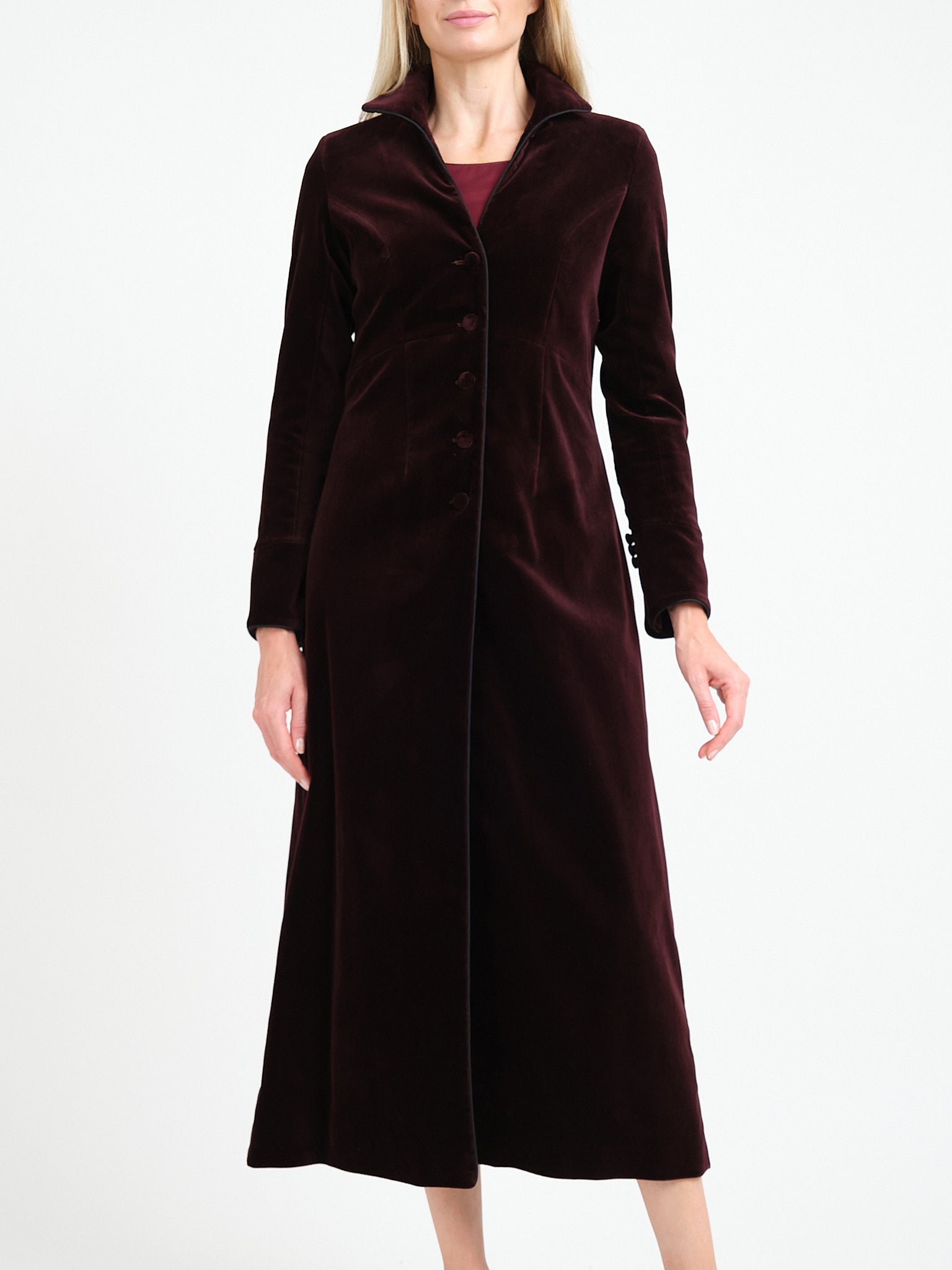 Long Swing Coat Claret Plain Cotton Velvet