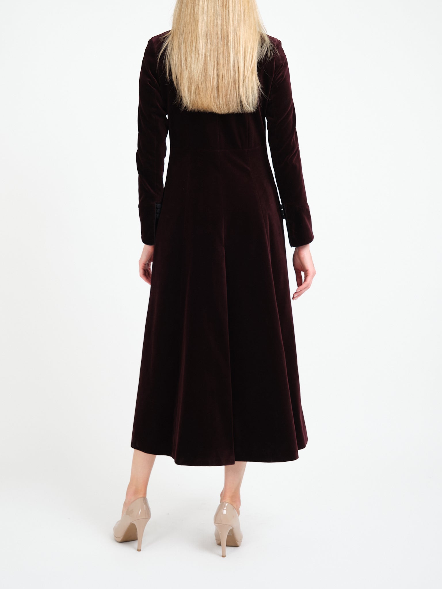 Long Swing Coat Claret Plain Cotton Velvet