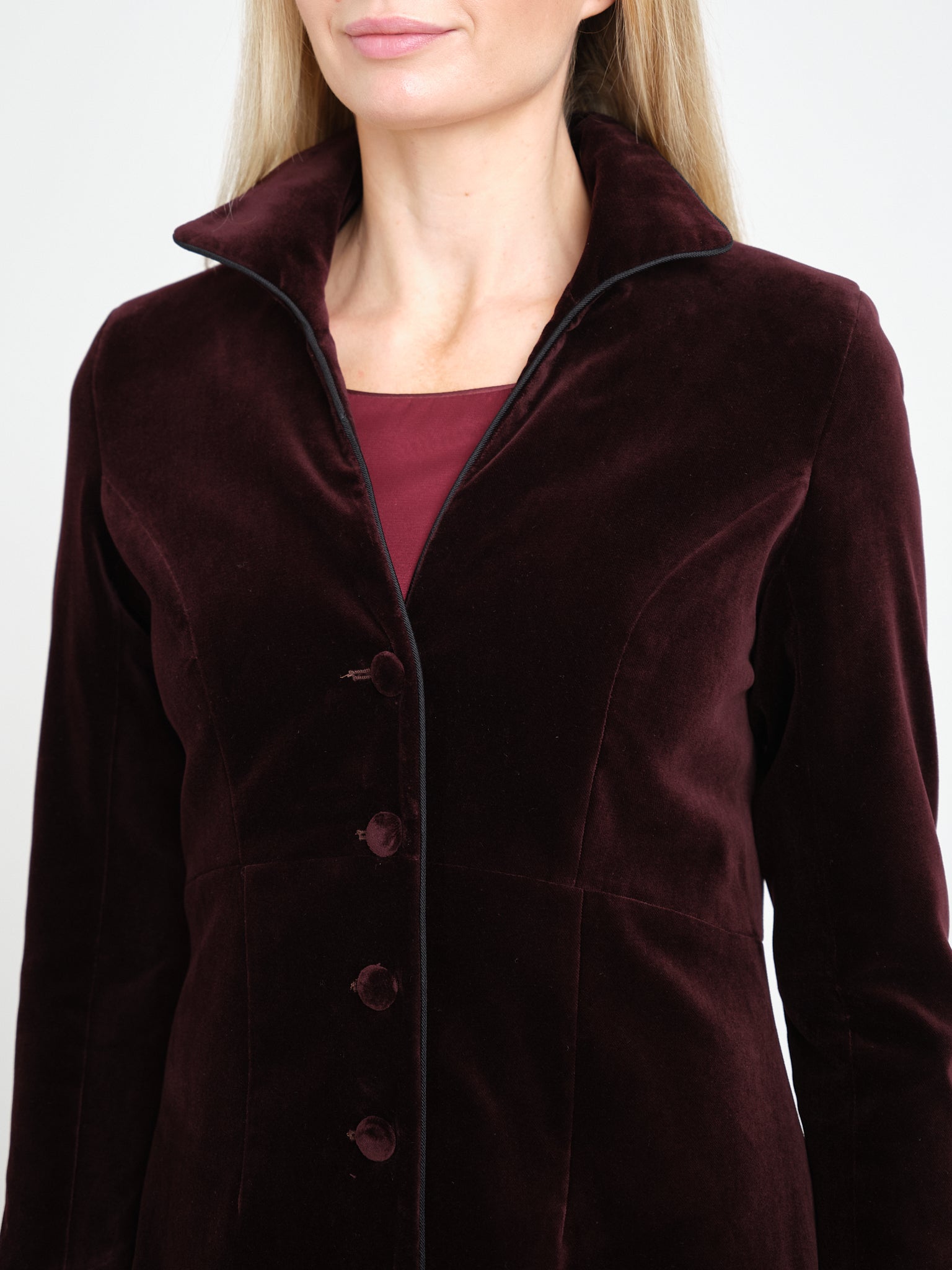 Long Swing Coat Claret Plain Cotton Velvet