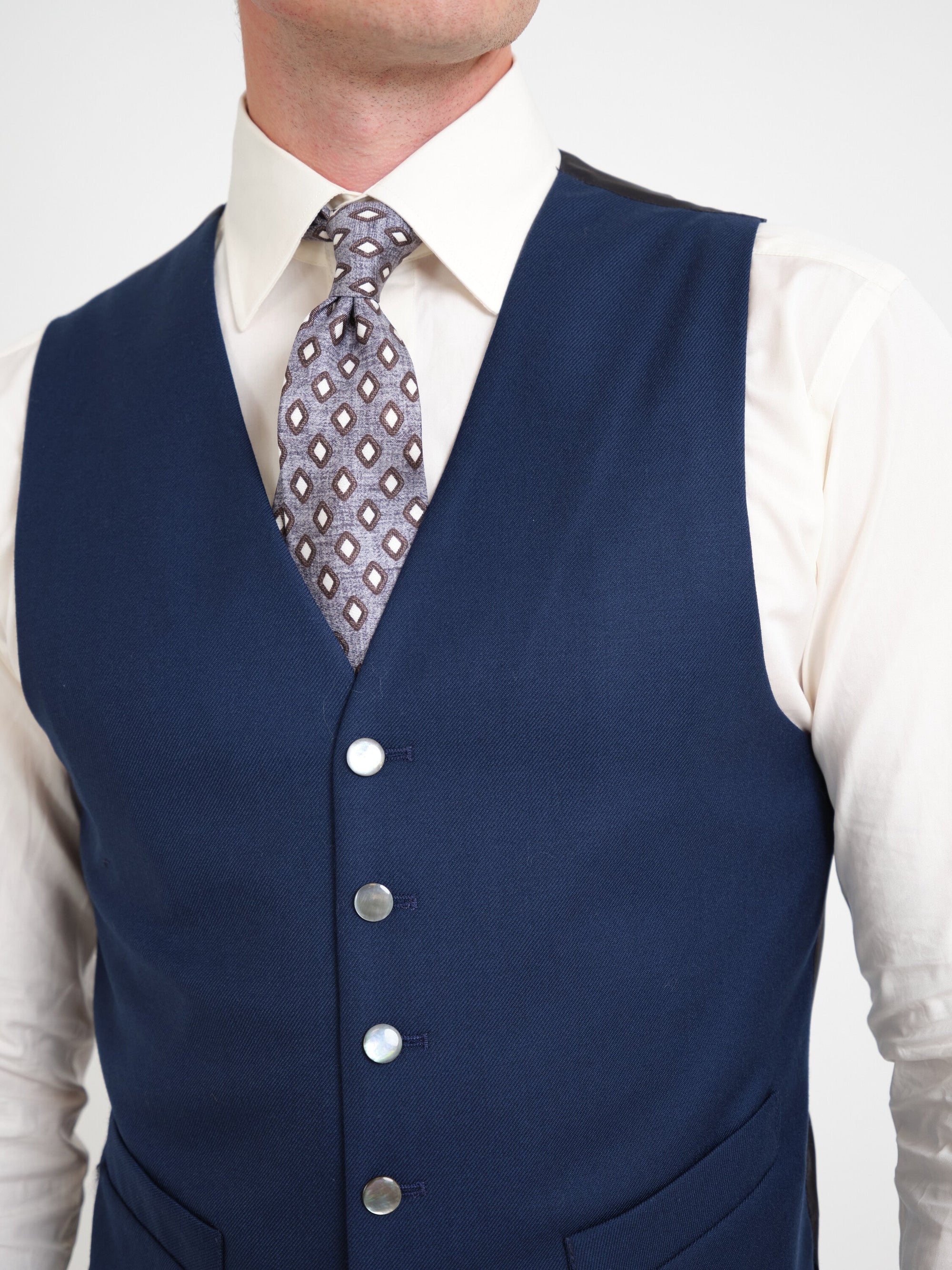 Navy Gabardine Single Breasted Waistcoat — fabric detail