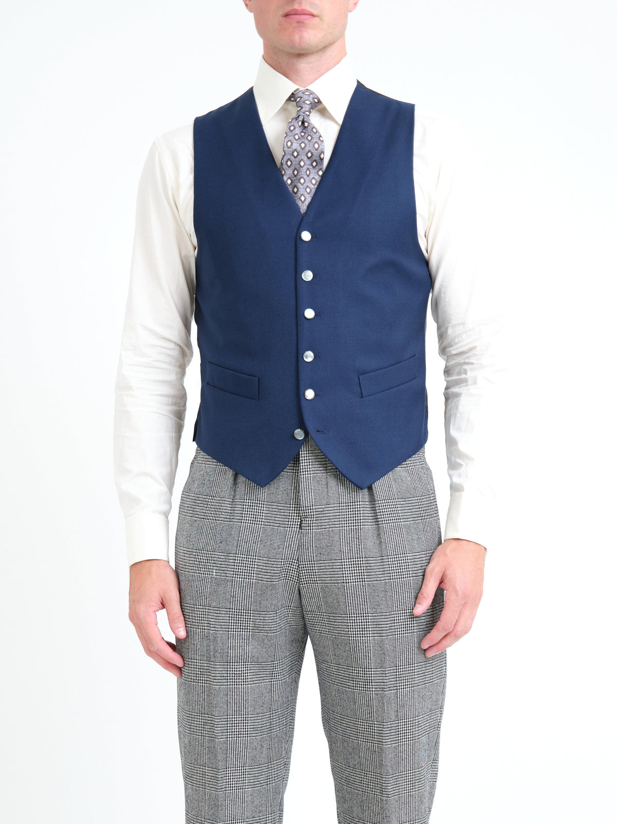 Navy Gabardine Single Breasted Waistcoat — front, cropped
