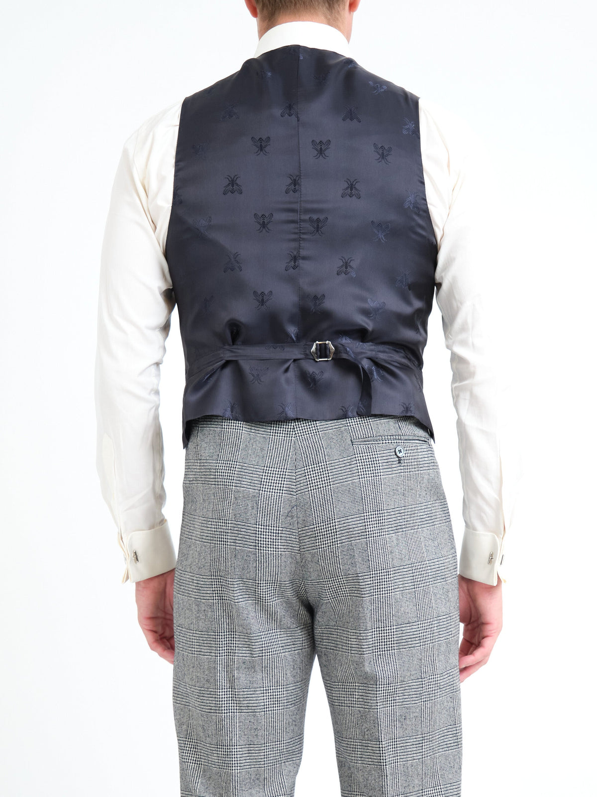 Navy Gabardine Single Breasted Waistcoat — back, cropped