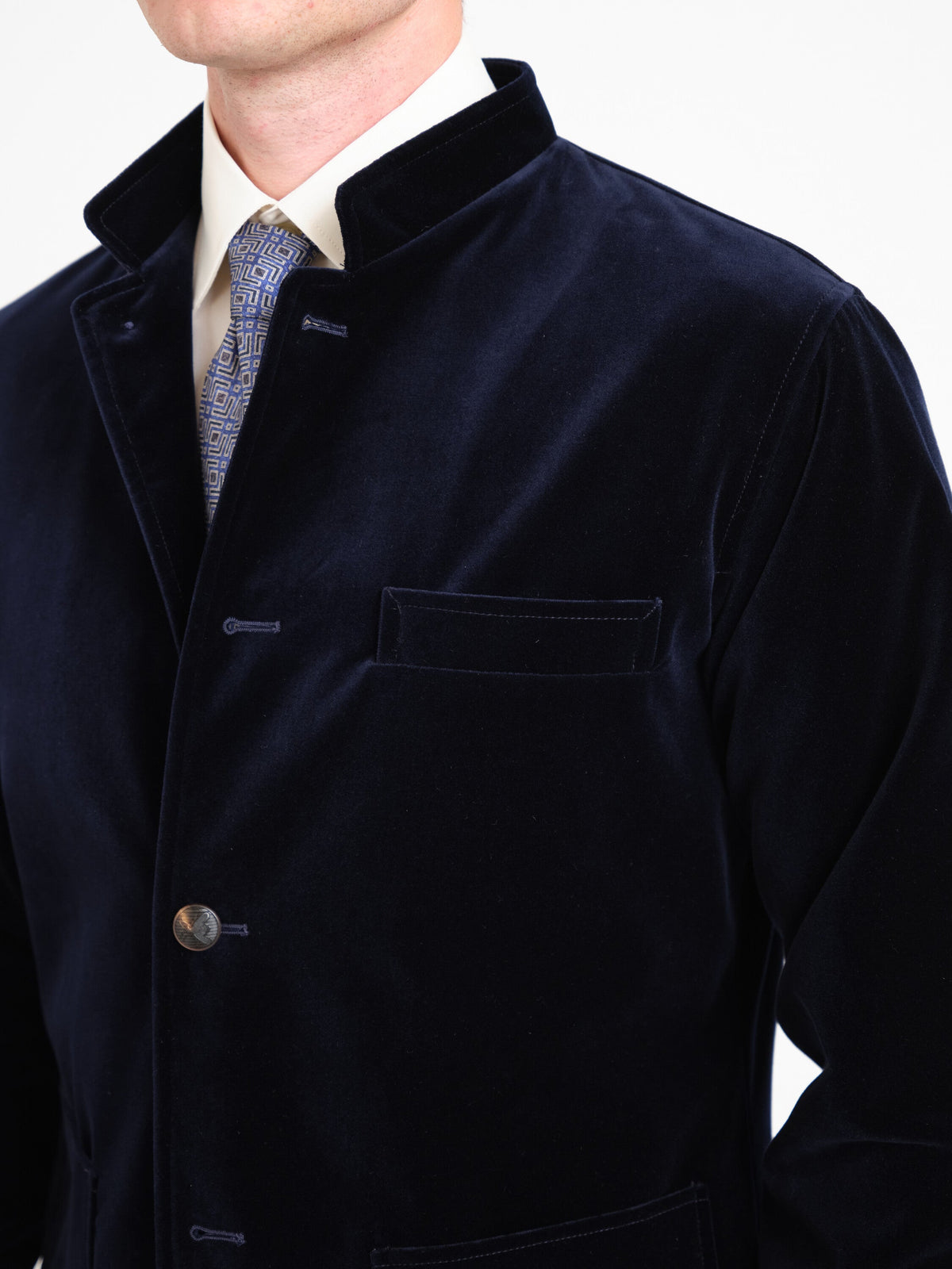 Navy Mayfair Velvet Artist Jacket — fabric detail
