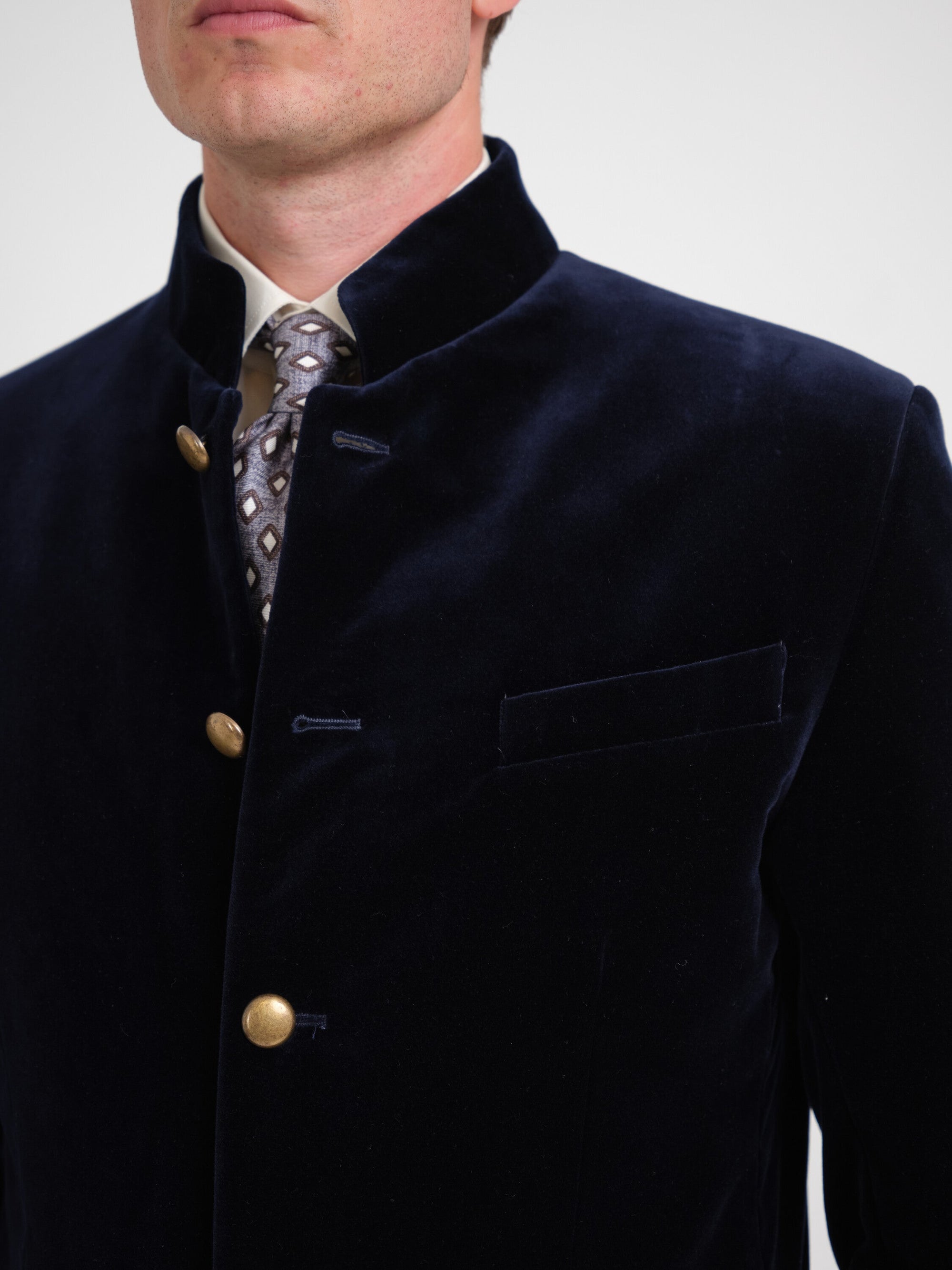 Navy Mayfair Velvet Nehru Jacket — fabric detail