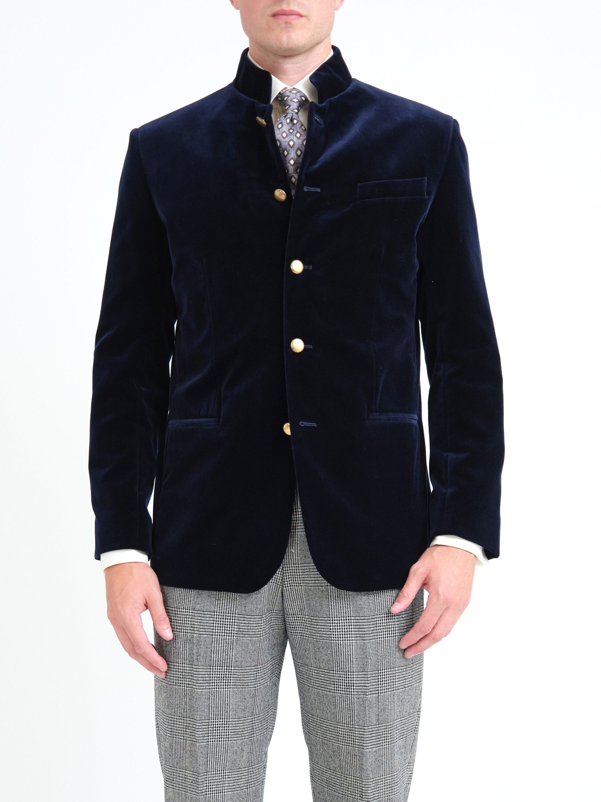 Navy Mayfair Velvet Nehru Jacket — front, cropped